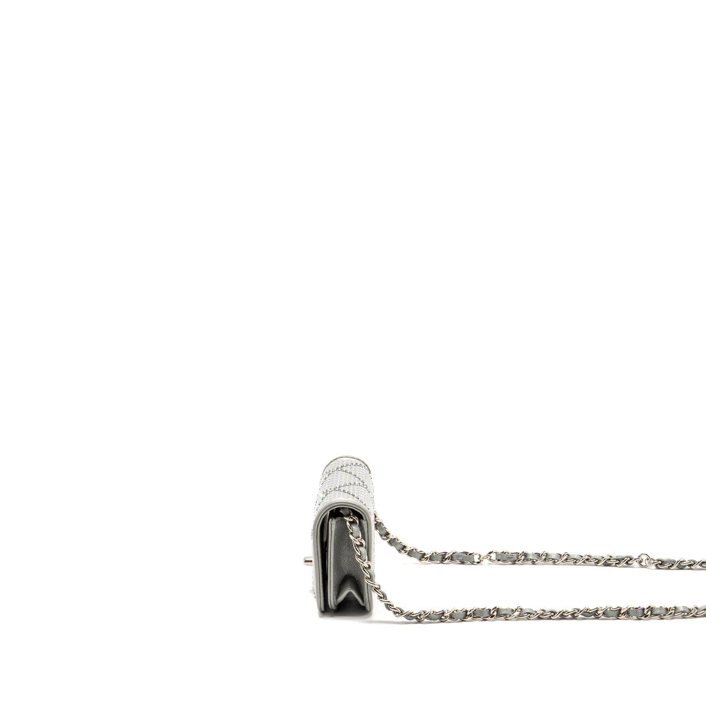 CHANEL 22A MINI STUDDED CHAIN BELT BAG WITH CRYSTAL METALLIC LAMBSKIN SILVER SHW (MICROCHIP)