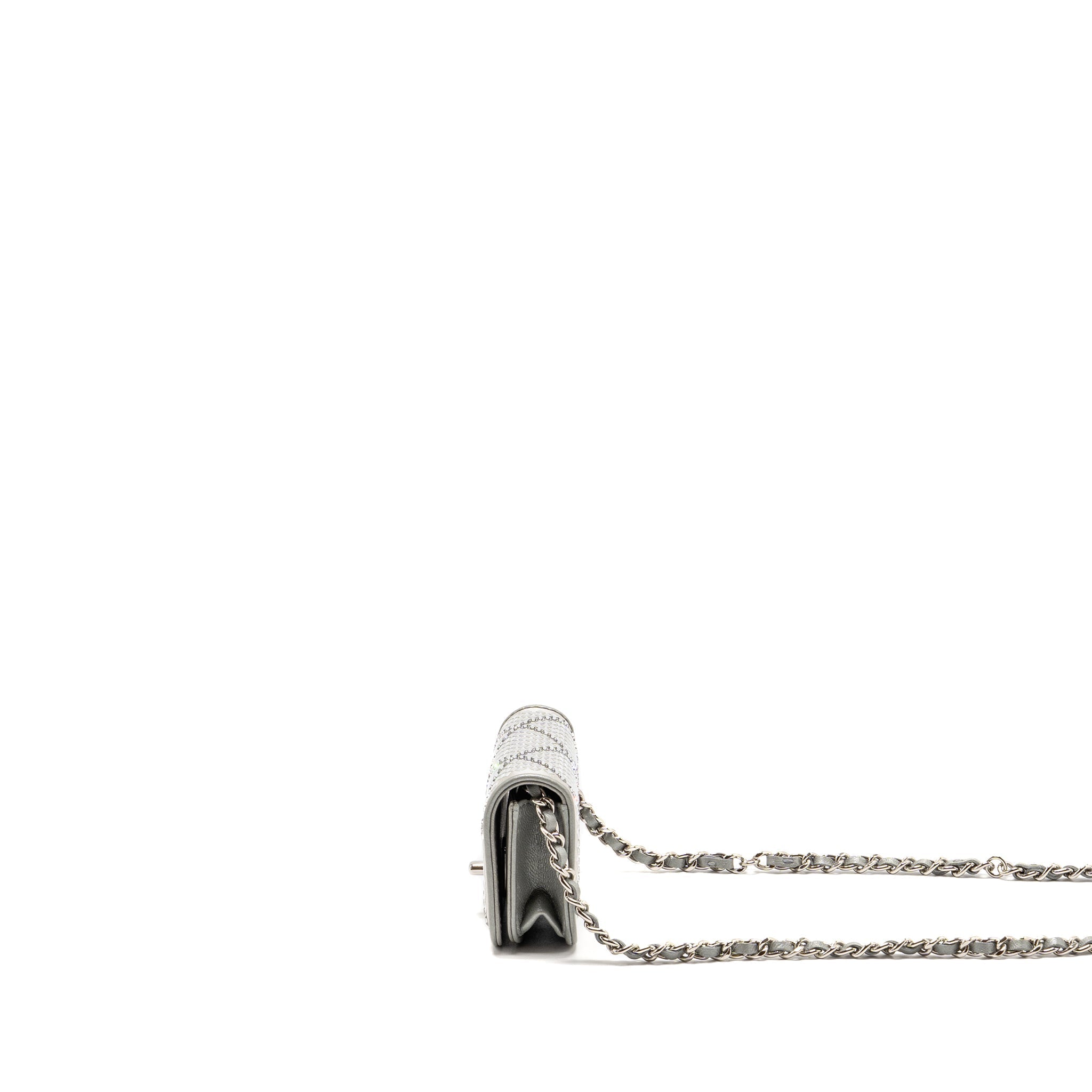 CHANEL 22A MINI STUDDED CHAIN BELT BAG WITH CRYSTAL METALLIC LAMBSKIN SILVER SHW (MICROCHIP)