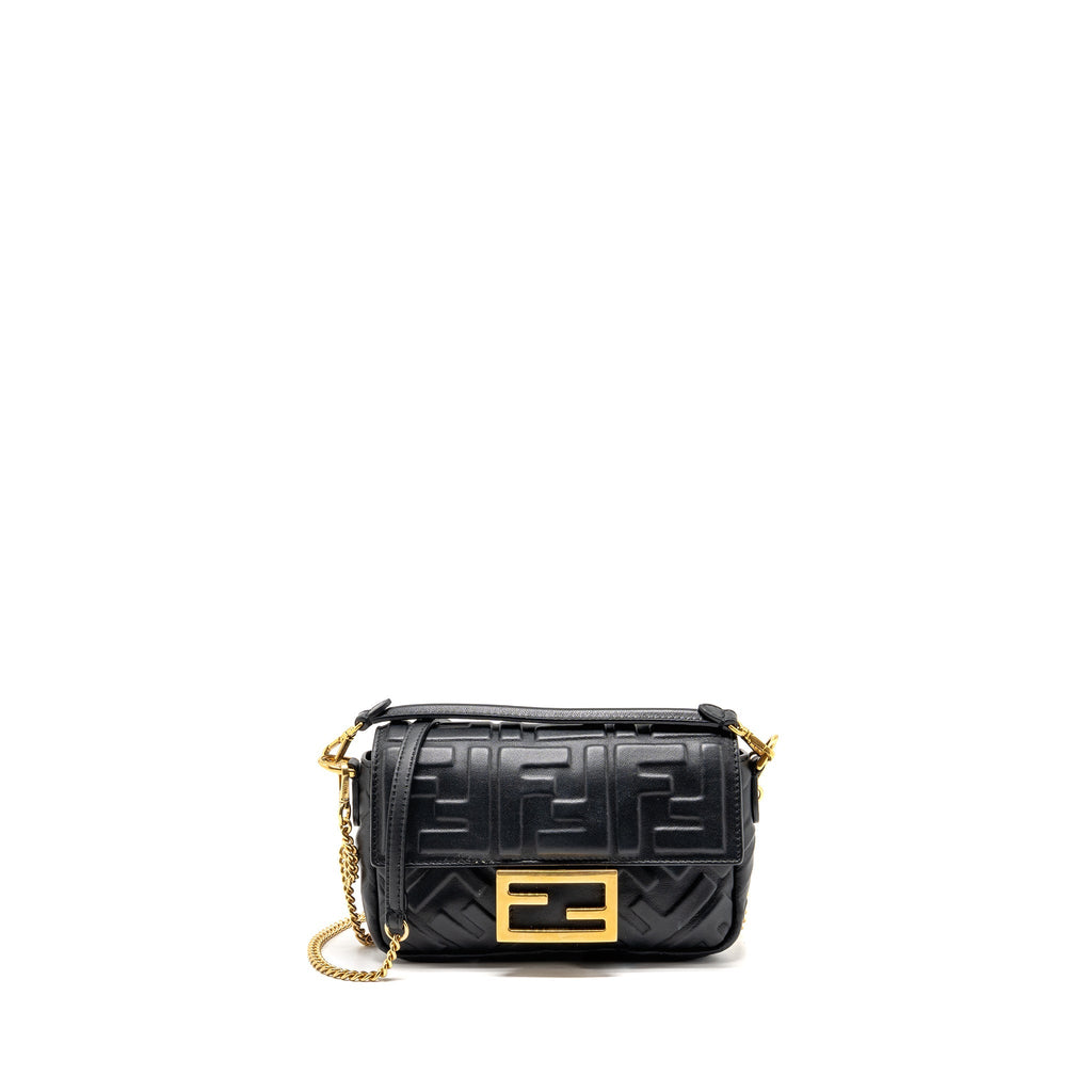 FENDI MINI BAGUETTE BAG FF MOTIF LAMBSKIN BLACK GHW