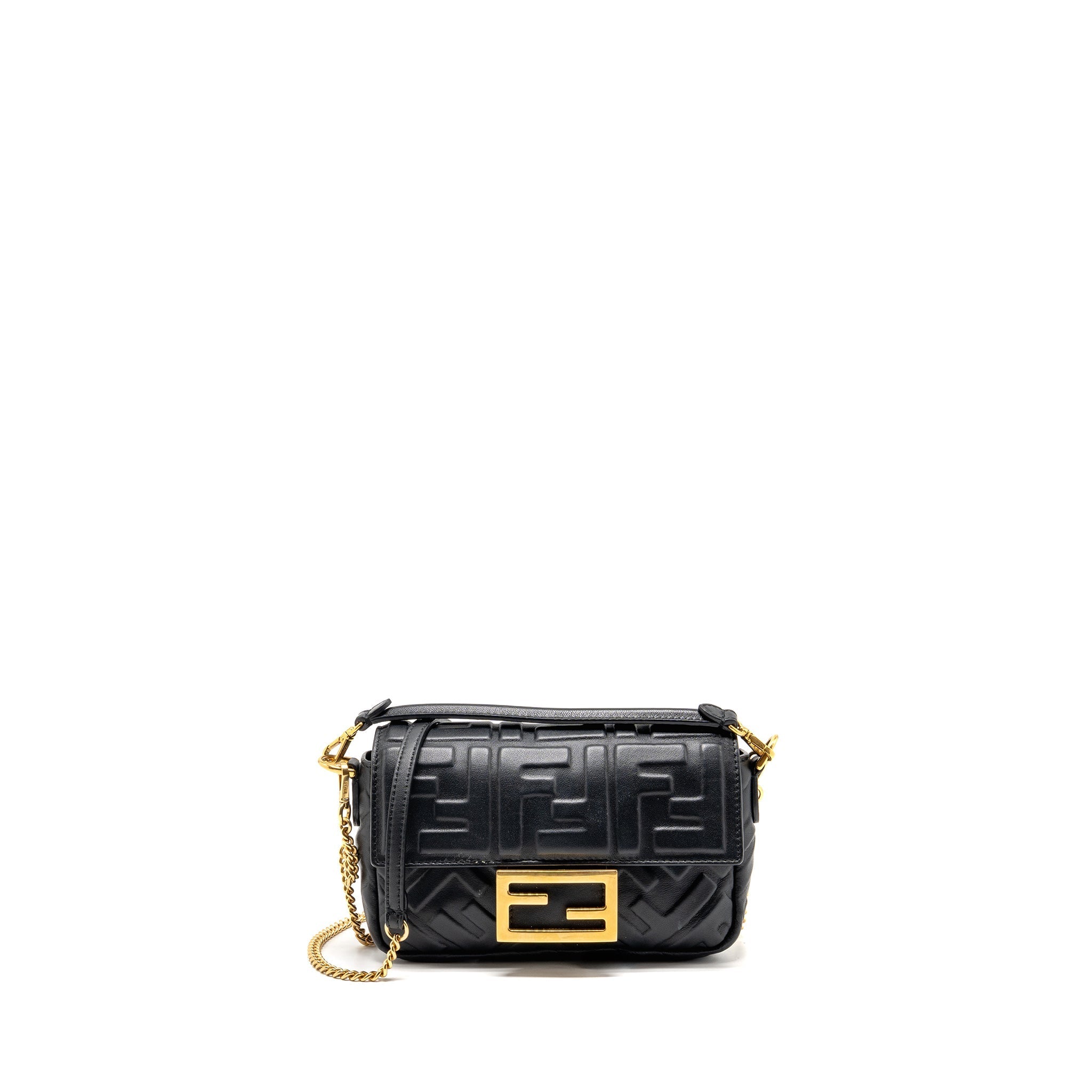 FENDI MINI BAGUETTE BAG FF MOTIF LAMBSKIN BLACK GHW