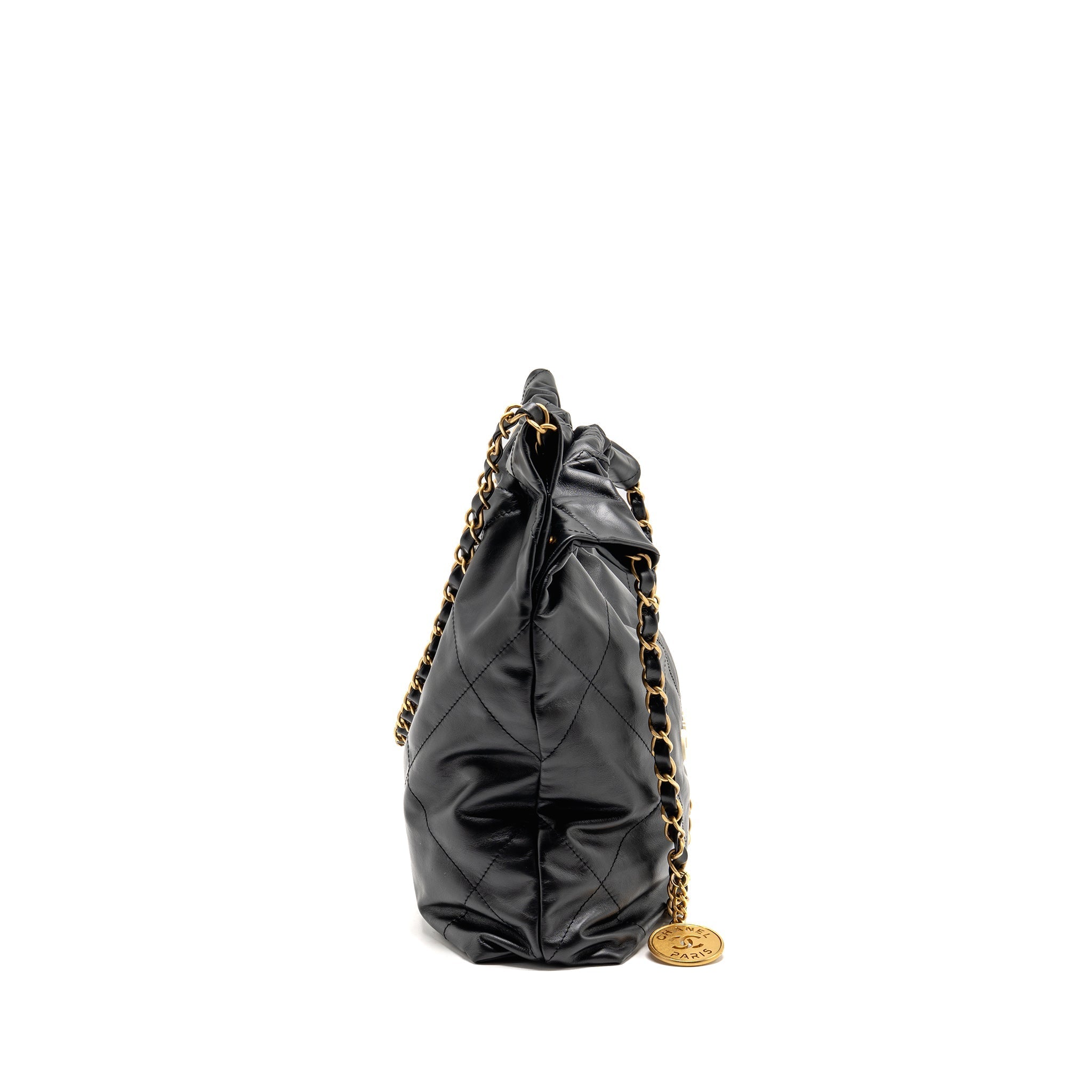 CHANEL SMALL 22 BAG WITH WHITE LETTER LOGO CALFSKIN BLACK GHW (MICROCHIP)