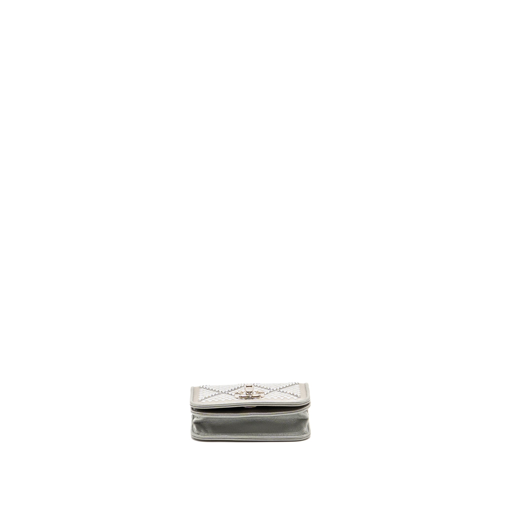 CHANEL 22A MINI STUDDED CHAIN BELT BAG WITH CRYSTAL METALLIC LAMBSKIN SILVER SHW (MICROCHIP)