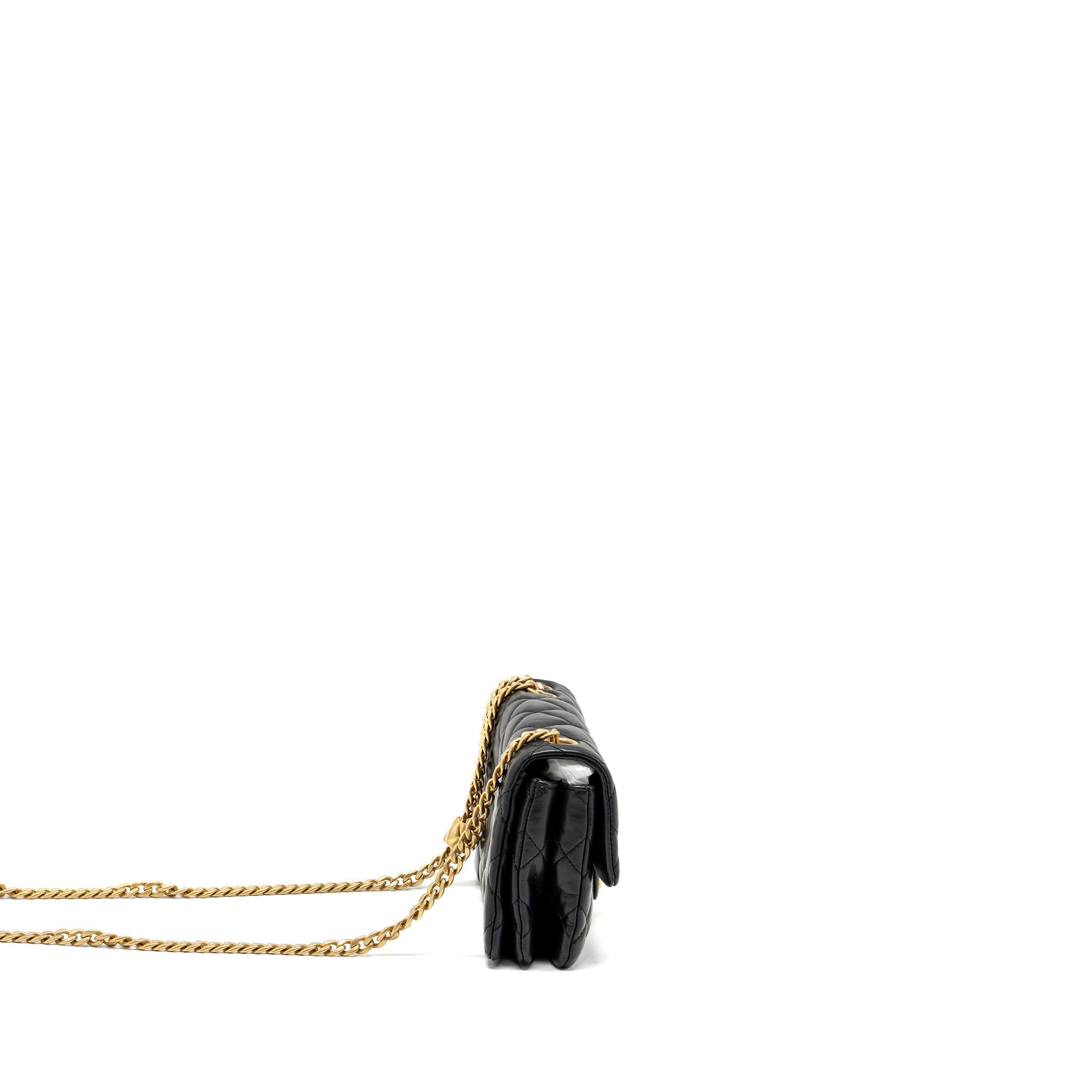 CHANEL 22K GOLD PILLAR ADJUSTABLE CHAIN FLAP BAG LAMBSKIN BLACK BRUSHED GHW (MICROCHIP)