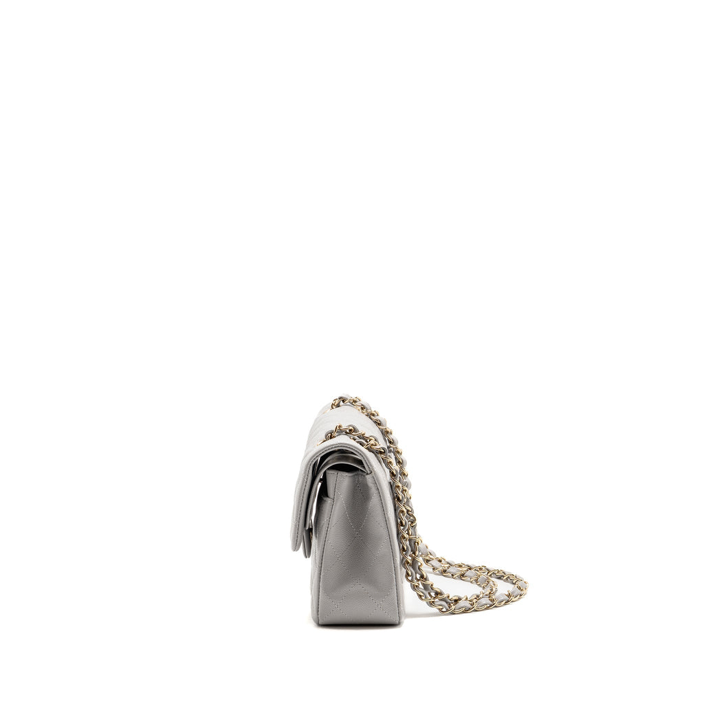 CHANEL SMALL CLASSIC DOUBLE FLAP BAG CAVIAR LIGHT GREY LGHW (MICROCHIP)
