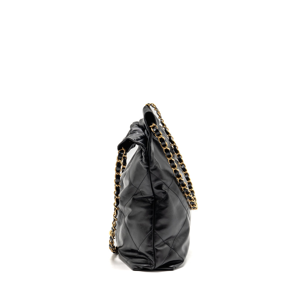 CHANEL SMALL 22 BAG WITH WHITE LETTER LOGO CALFSKIN BLACK GHW (MICROCHIP)