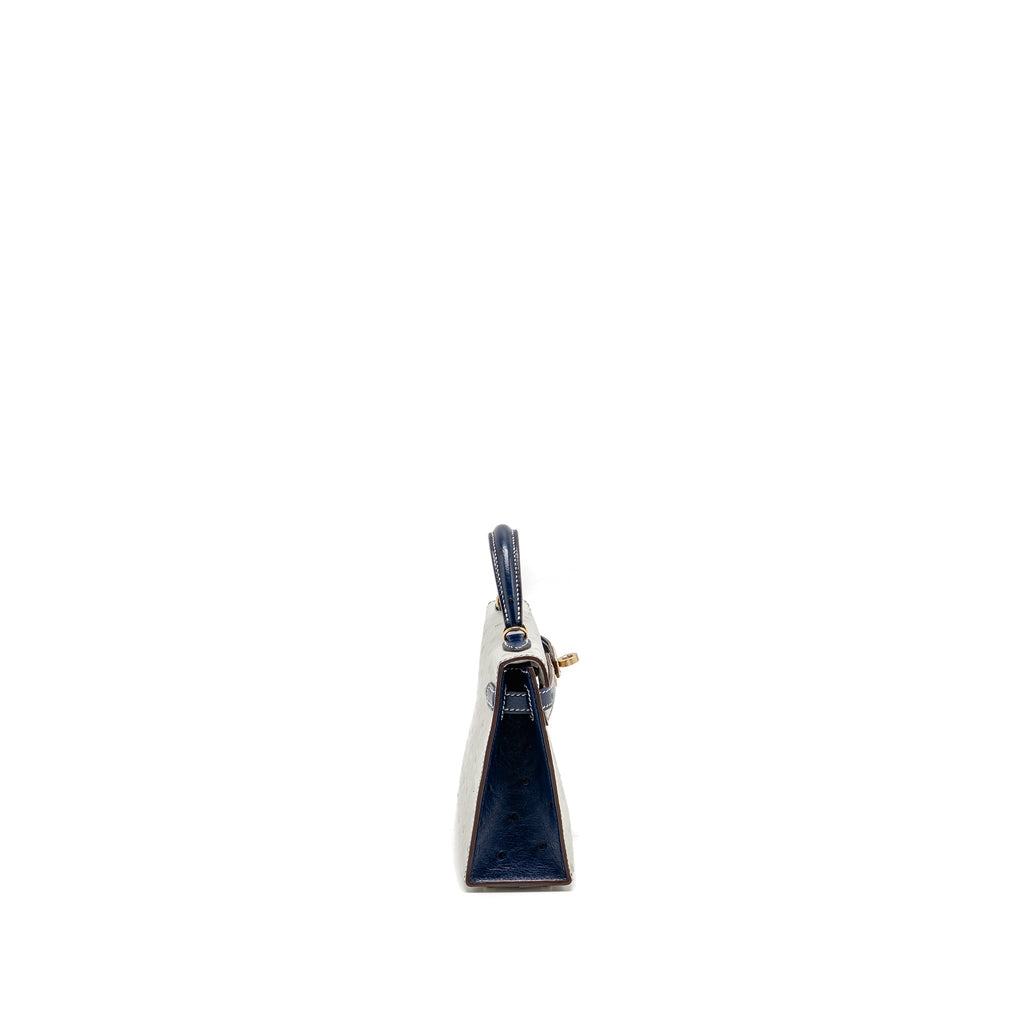HERMES MINI KELLY SPECIAL ORDER OSTRICH GRIS PERLE/BLUE IRIS LGHW