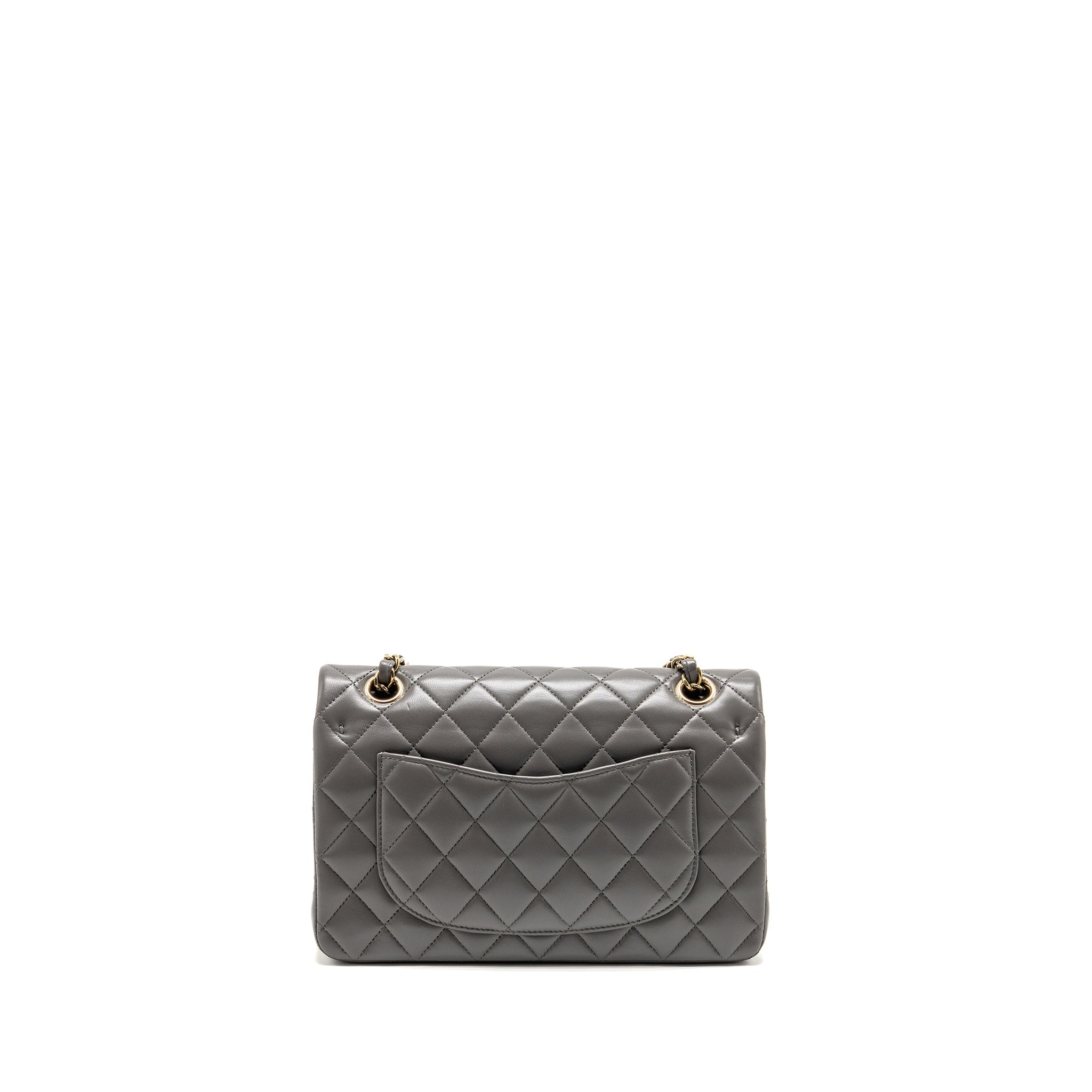 CHANEL SMALL CLASSIC DOUBLE FLAP BAG LAMBSKIN GREY LGHW (MICROCHIP)