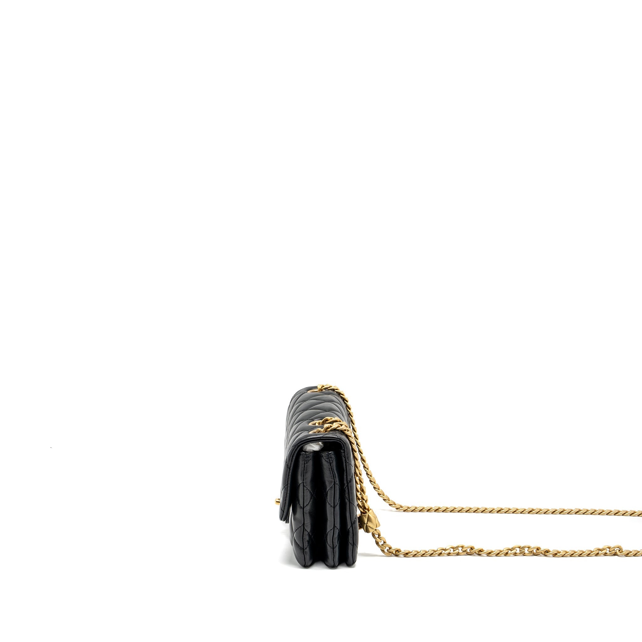 CHANEL 22K GOLD PILLAR ADJUSTABLE CHAIN FLAP BAG LAMBSKIN BLACK BRUSHED GHW (MICROCHIP)