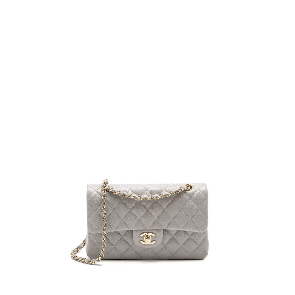 CHANEL SMALL CLASSIC DOUBLE FLAP BAG CAVIAR LIGHT GREY LGHW (MICROCHIP)