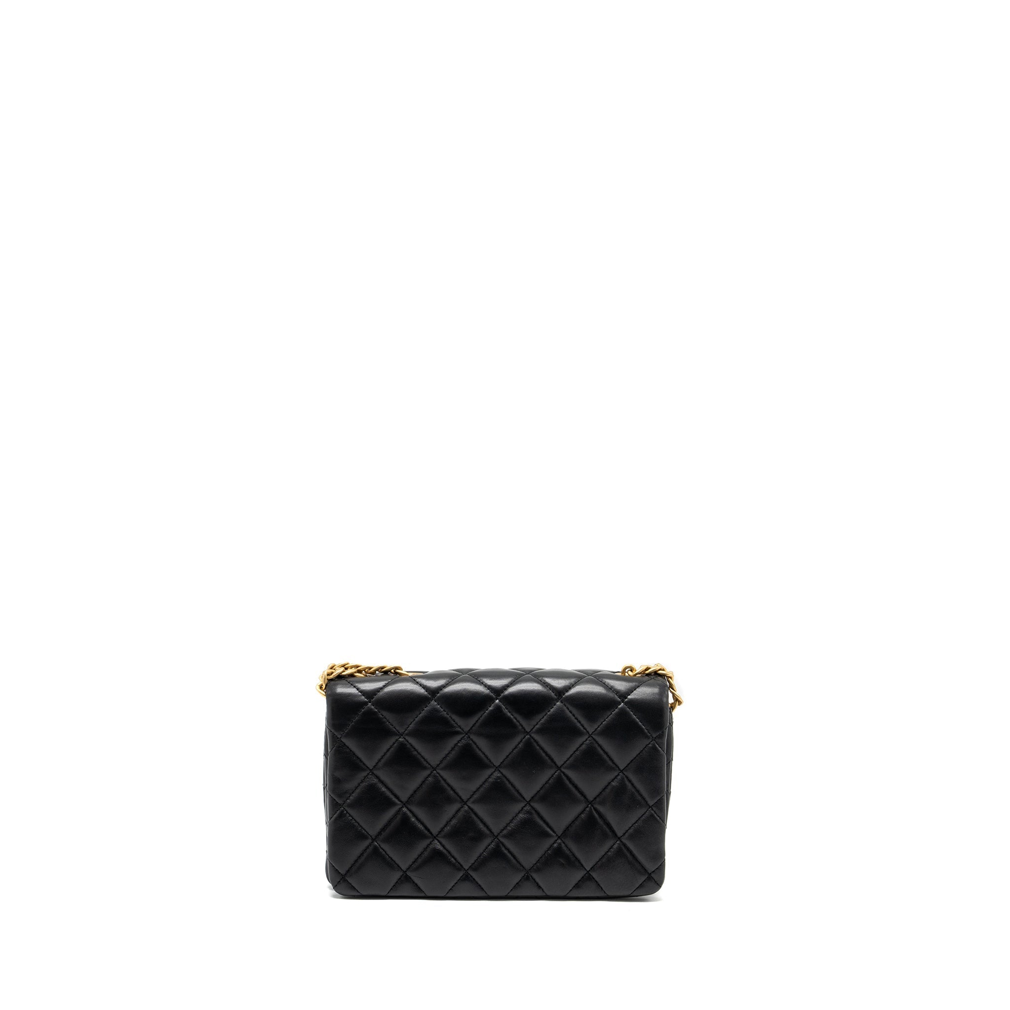 CHANEL 22K GOLD PILLAR ADJUSTABLE CHAIN FLAP BAG LAMBSKIN BLACK BRUSHED GHW (MICROCHIP)