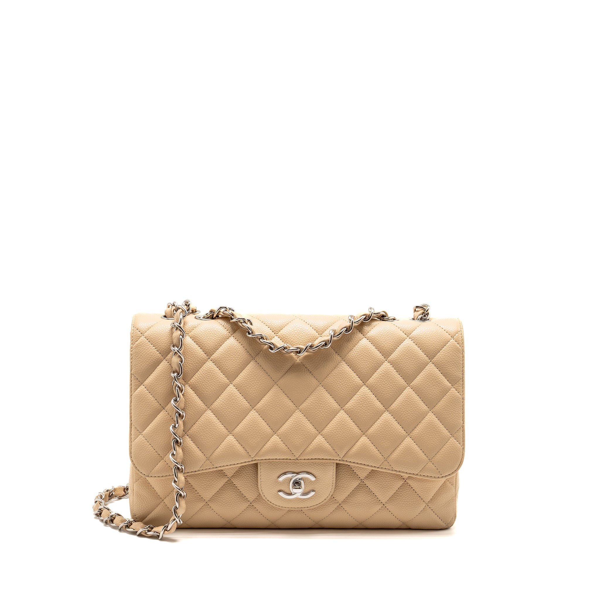 CHANEL JUMBO CLASSIC SINGLE FLAP BAG CAVIAR BEIGE SHW