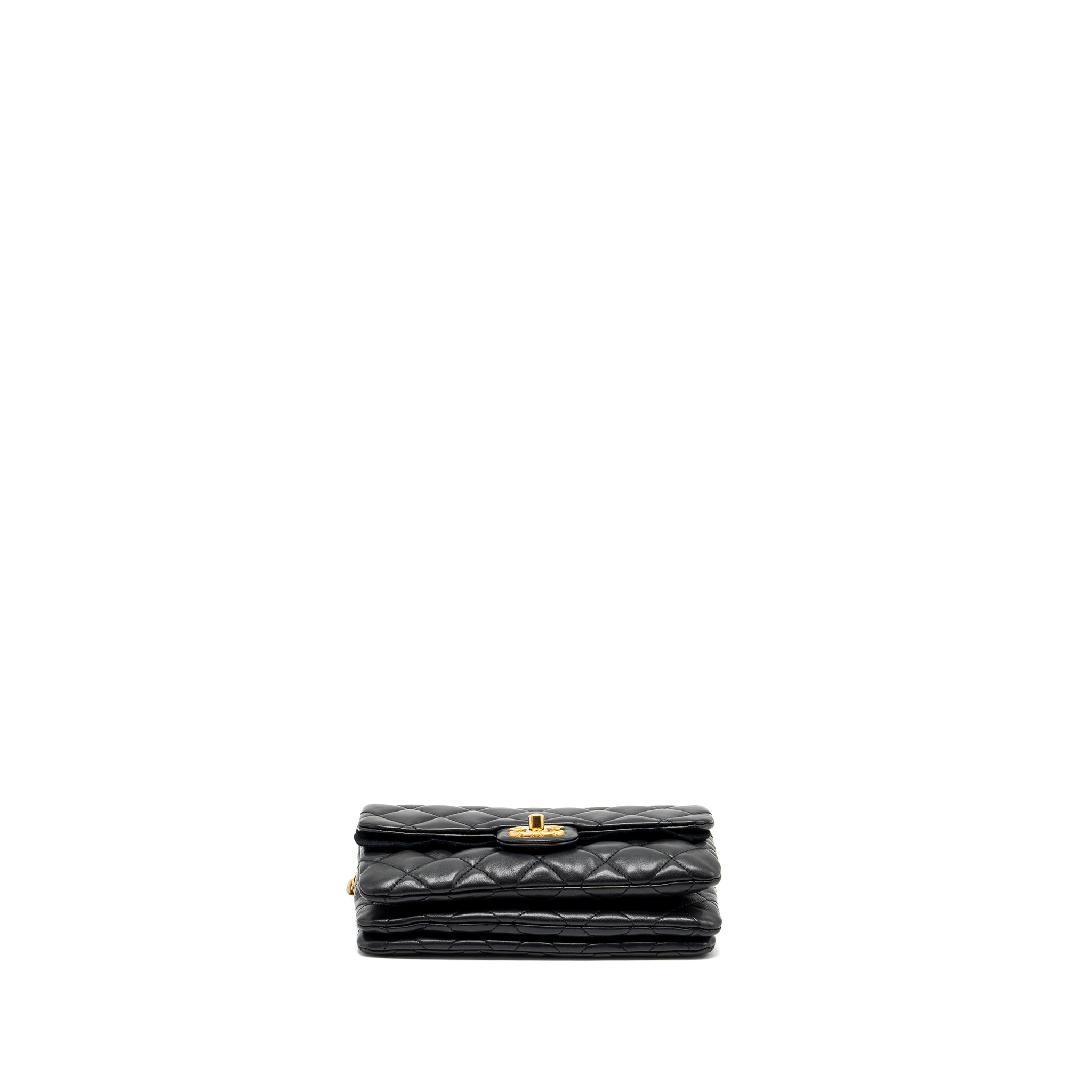 CHANEL 22K GOLD PILLAR ADJUSTABLE CHAIN FLAP BAG LAMBSKIN BLACK BRUSHED GHW (MICROCHIP)