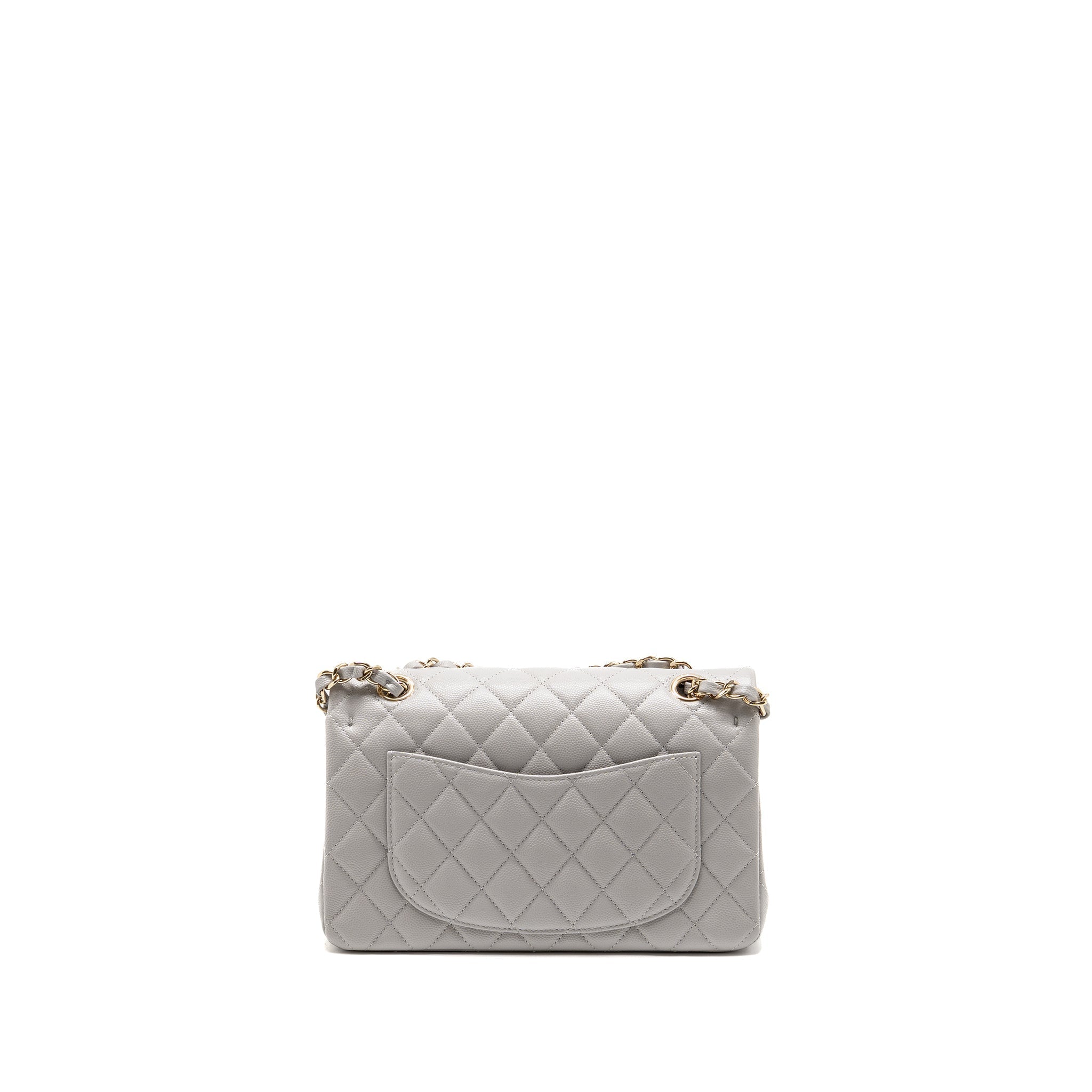 CHANEL SMALL CLASSIC DOUBLE FLAP BAG CAVIAR LIGHT GREY LGHW (MICROCHIP)