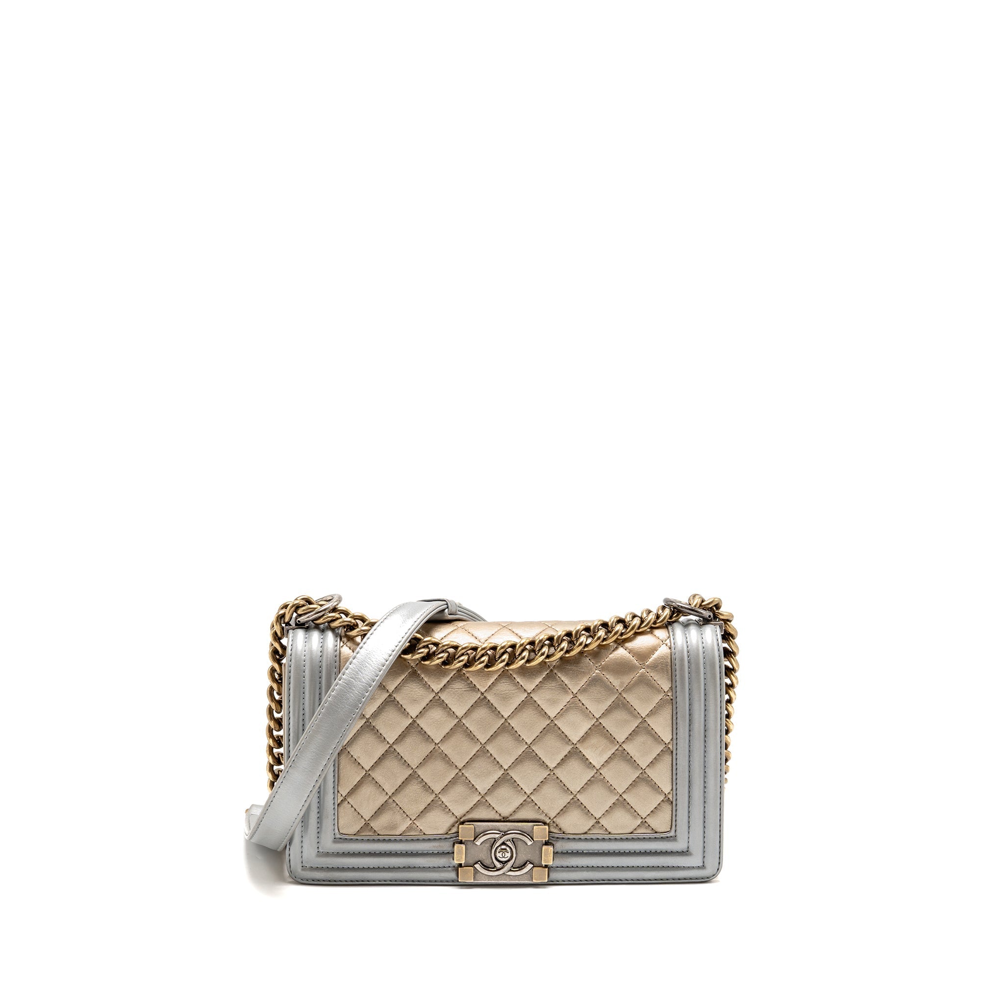 CHANEL MEDIUM BOY BAG METALLIZED CALFSKIN BRONZE/SILVER MULTICOLOURED HARDWARE