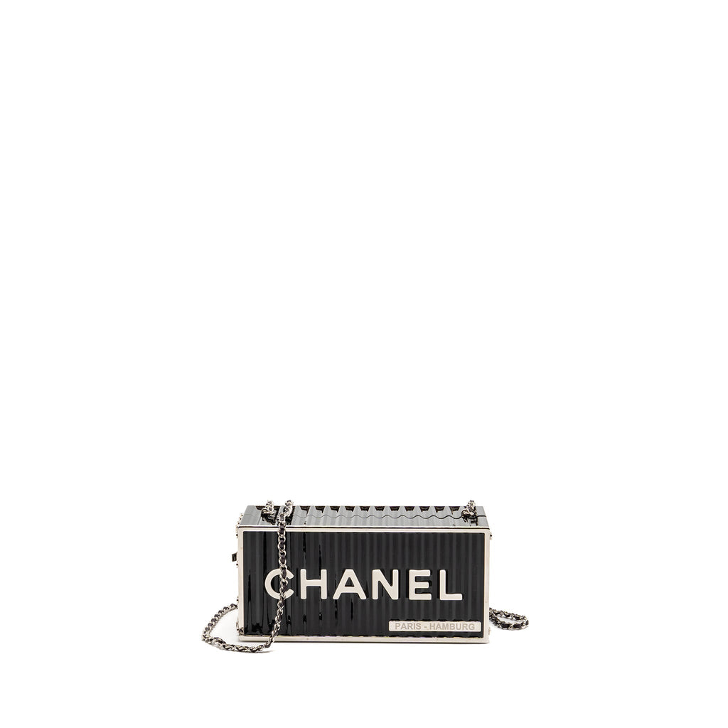 CHANEL 18A PARIS HAMBURG MINAUDIERE SHIPPING CONTAINER EVENING CLUTCH PLEXIGLASS/METAL BLACK SHW