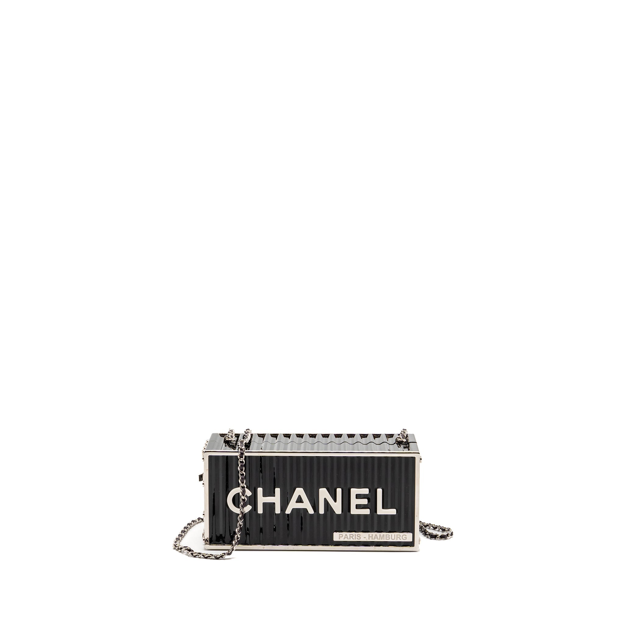 CHANEL 18A PARIS HAMBURG MINAUDIERE SHIPPING CONTAINER EVENING CLUTCH PLEXIGLASS/METAL BLACK SHW