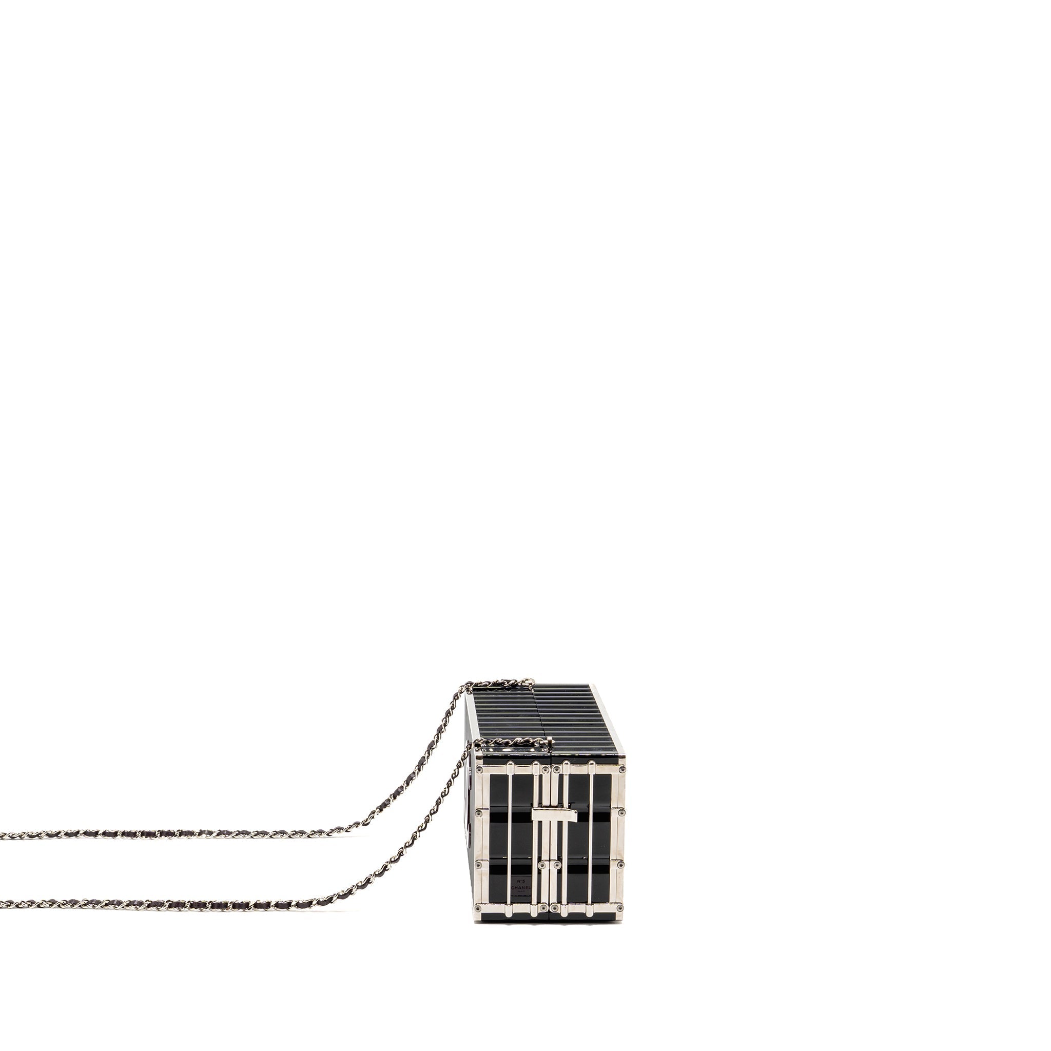 CHANEL 18A PARIS HAMBURG MINAUDIERE SHIPPING CONTAINER EVENING CLUTCH PLEXIGLASS/METAL BLACK SHW
