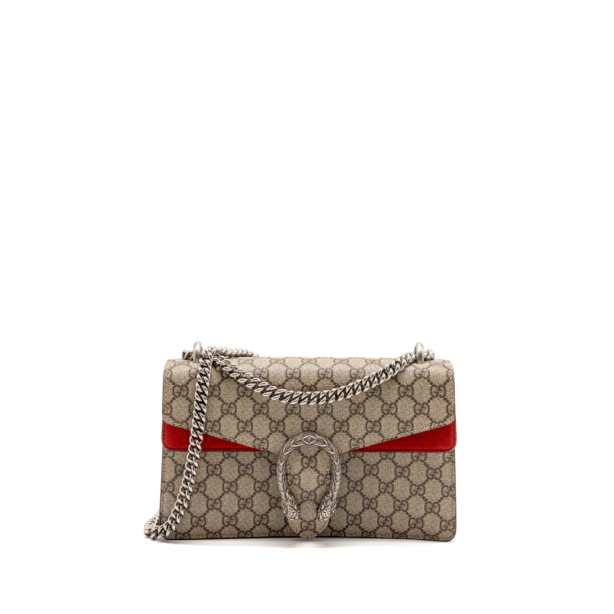 GUCCI SMALL DIONYSUS SHOULDER BAG GG SUPREME CANVAS/SUEDE RED SHW