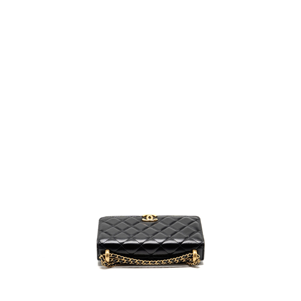 CHANEL GOLD CRUSH WALLET ON CHAIN CALFSKIN BLACK GHW (MICROCHIP)