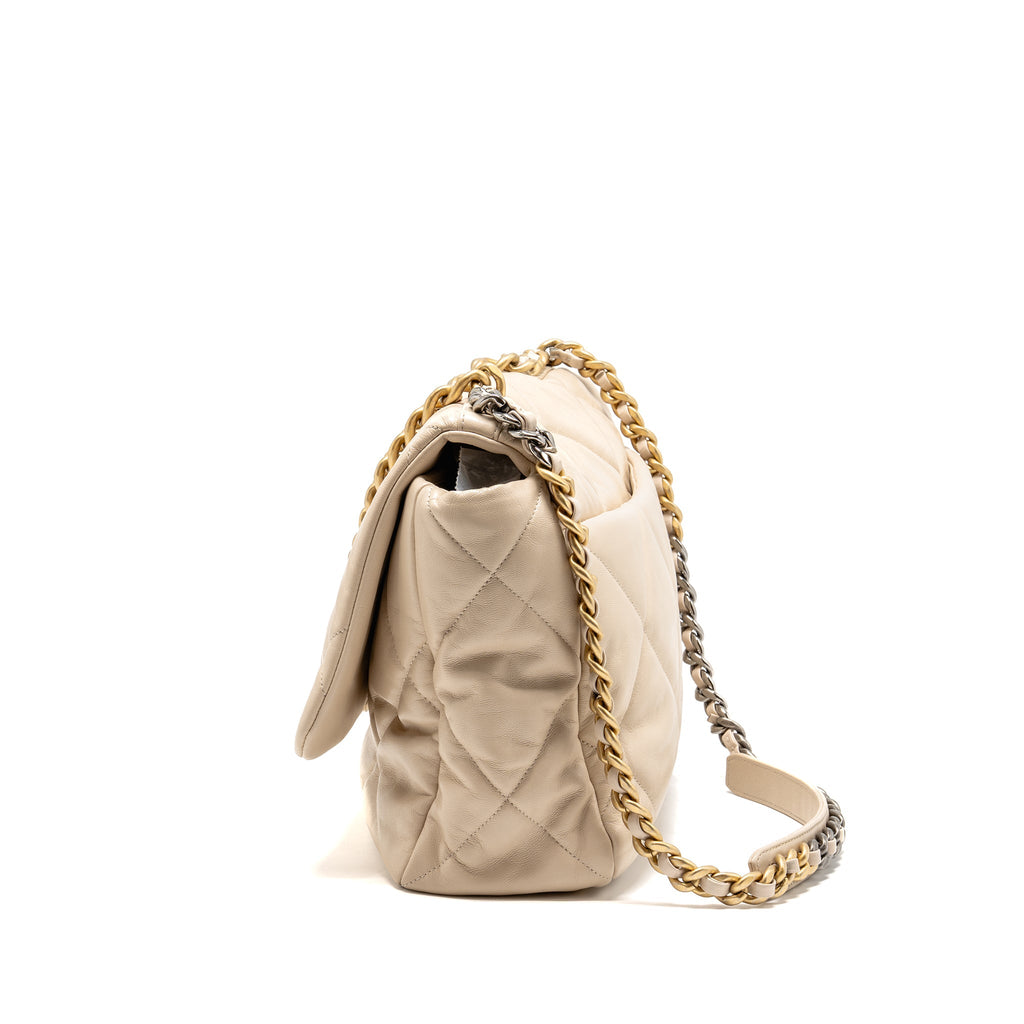 CHANEL MAXI 19 BAG GOATSKIN BEIGE MULTICOLOR HARDWARE