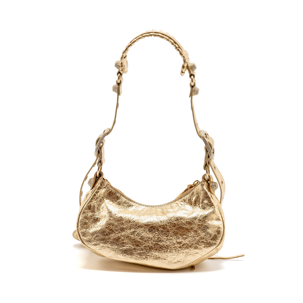 BALENCIAGA LE CAGOLE XS SHOULDER BAG ARENA CRACKED LAMBSKIN GOLD GHW
