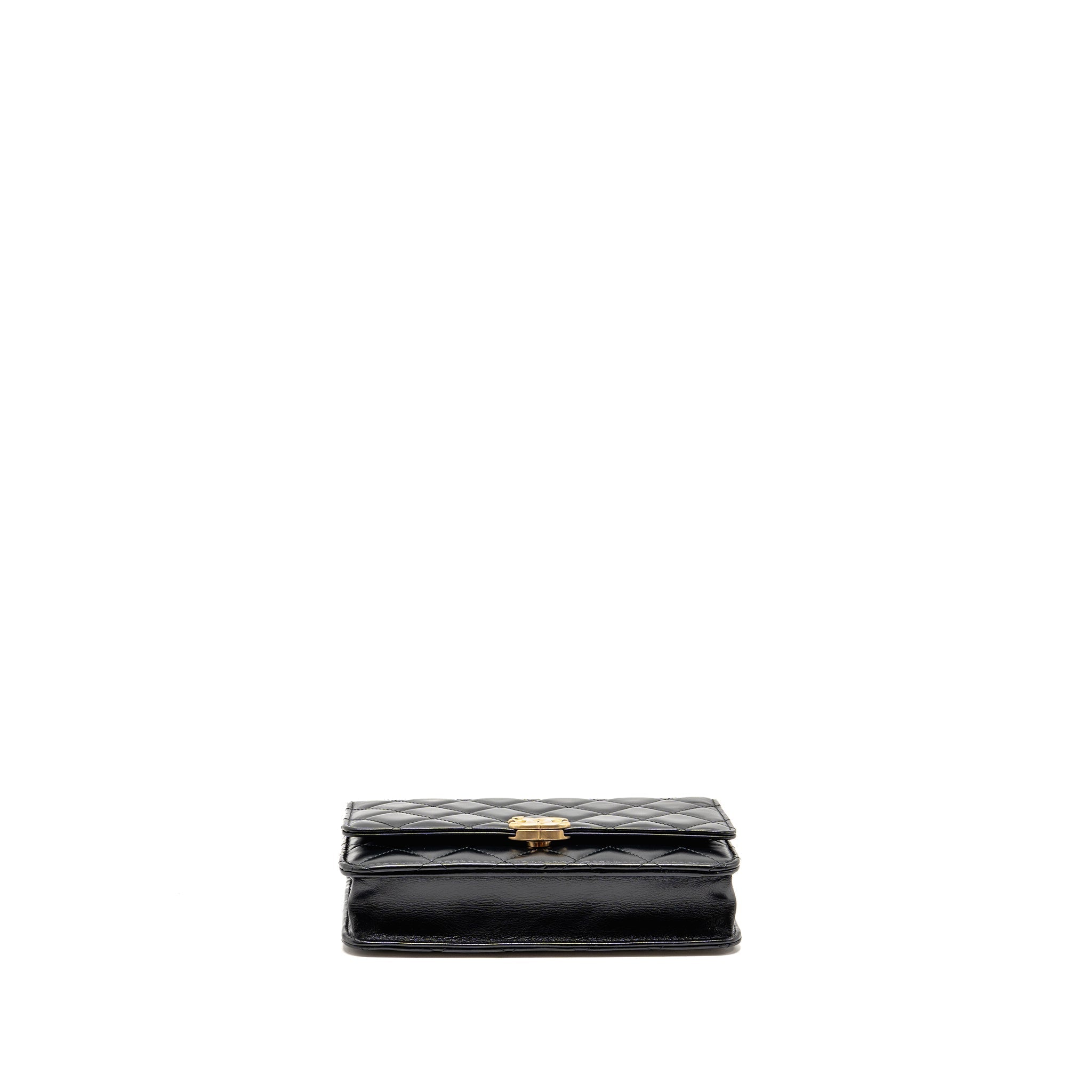 CHANEL GOLD CRUSH WALLET ON CHAIN CALFSKIN BLACK GHW (MICROCHIP)