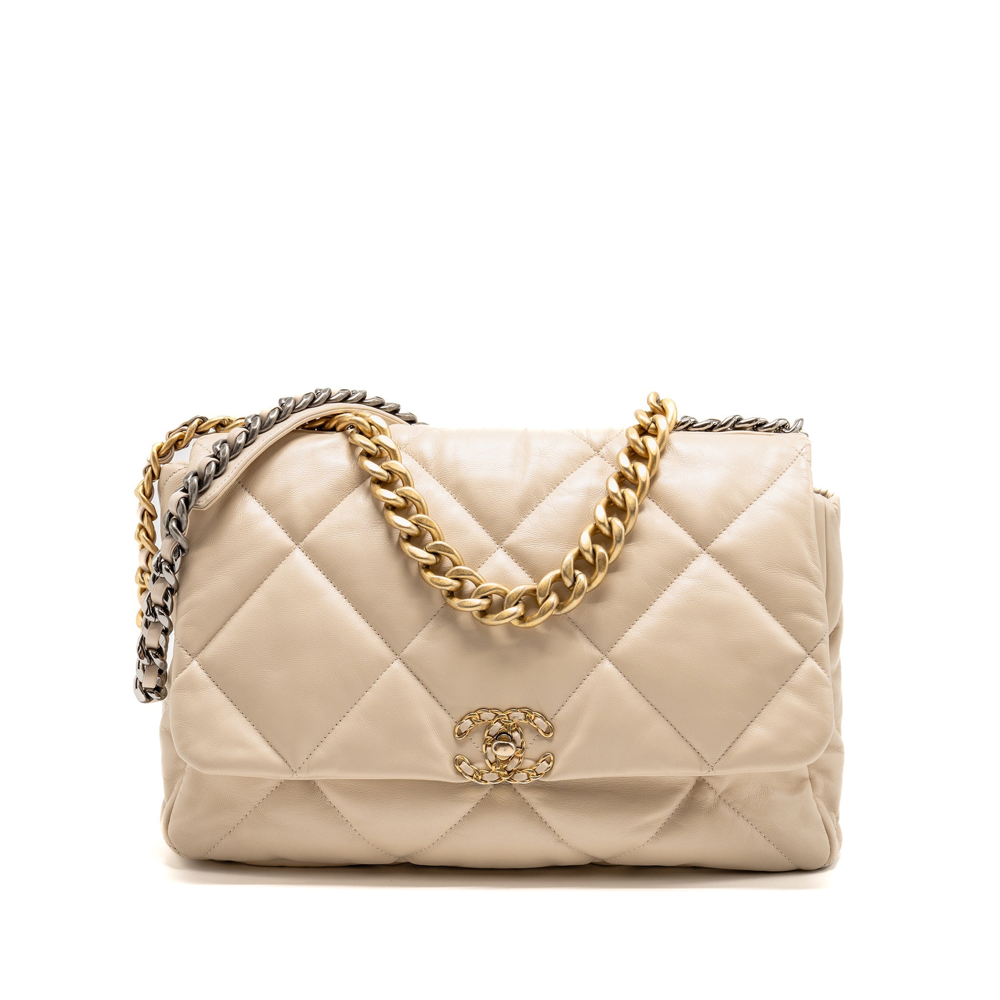 CHANEL MAXI 19 BAG GOATSKIN BEIGE MULTICOLOR HARDWARE