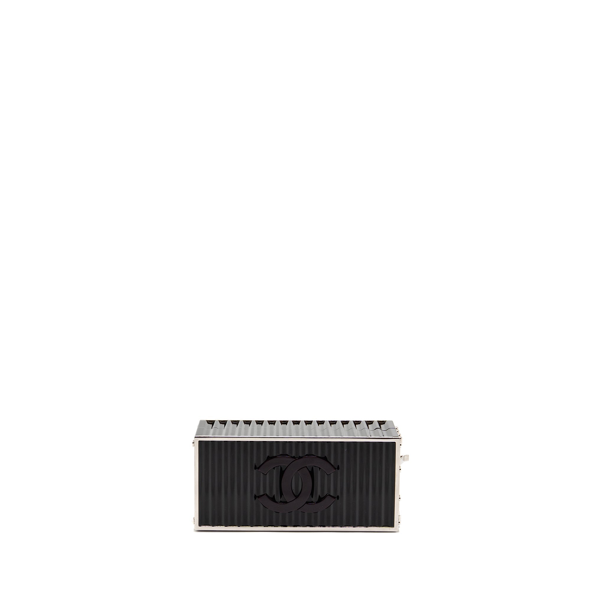 CHANEL 18A PARIS HAMBURG MINAUDIERE SHIPPING CONTAINER EVENING CLUTCH PLEXIGLASS/METAL BLACK SHW
