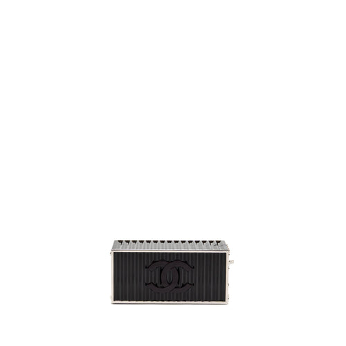 CHANEL 18A PARIS HAMBURG MINAUDIERE SHIPPING CONTAINER EVENING CLUTCH PLEXIGLASS/METAL BLACK SHW