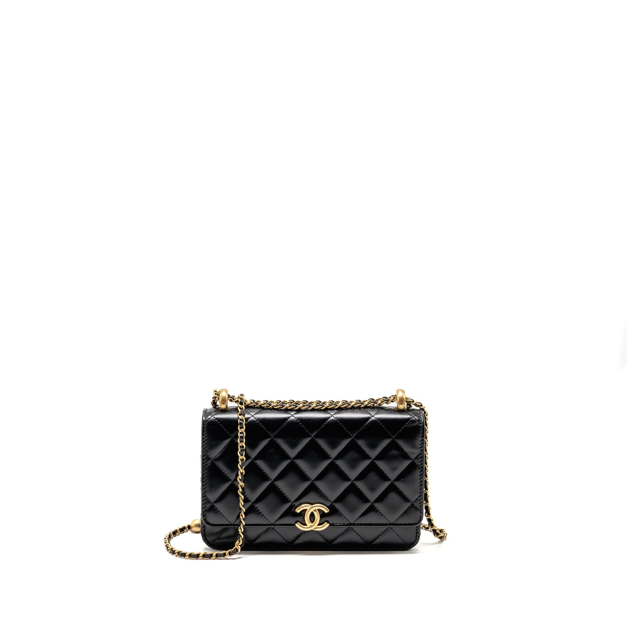 CHANEL GOLD CRUSH WALLET ON CHAIN CALFSKIN BLACK GHW (MICROCHIP)