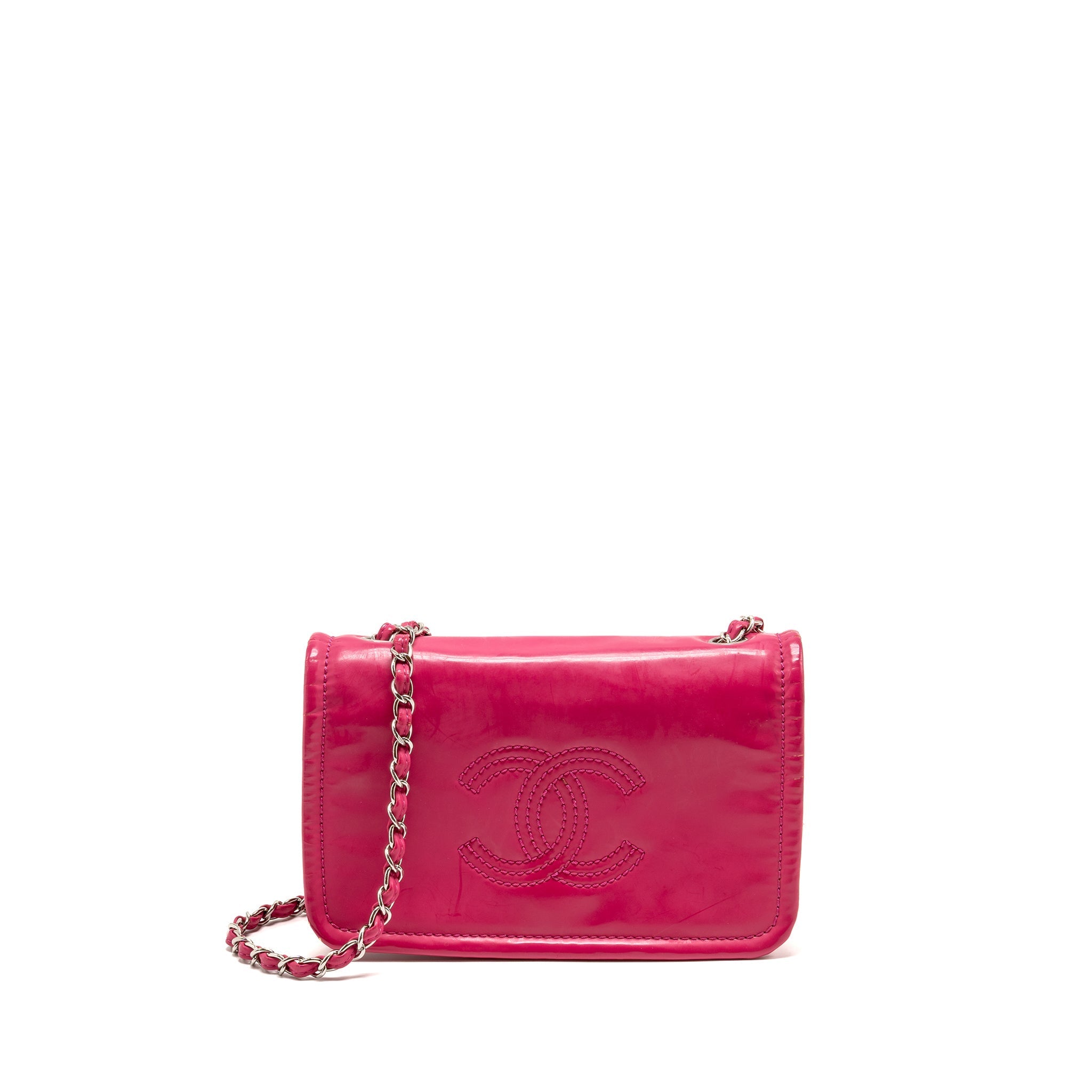 CHANEL SMALL VINYL FLAP BAG WITH CHAIN LEATHER HOT PINK SHW