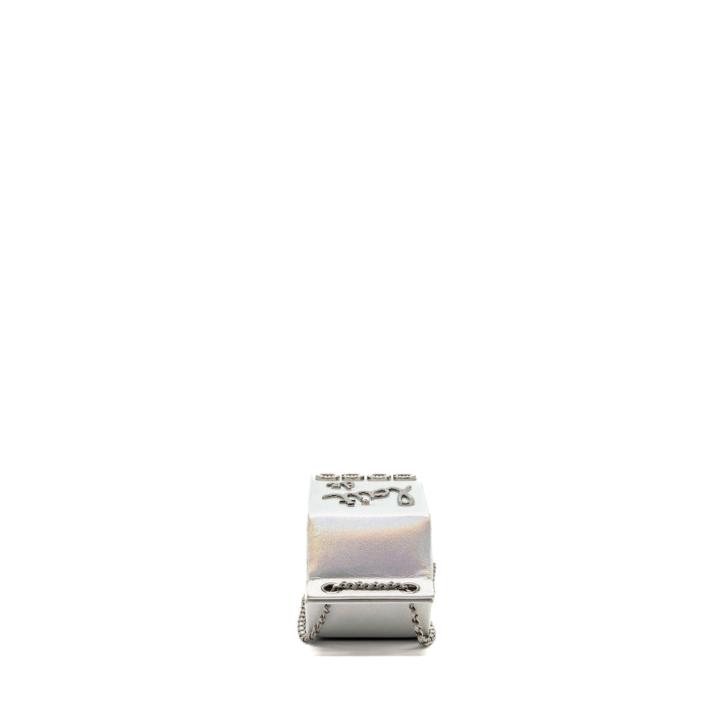 CHANEL 14K LIMITED EDITION RUNWAY LAIT DE COCO MILK CARTON EVENING CHAIN BAG GOATSKIN IRIDESCENT SILVER SHINY RUTHENIUM HARDWARE
