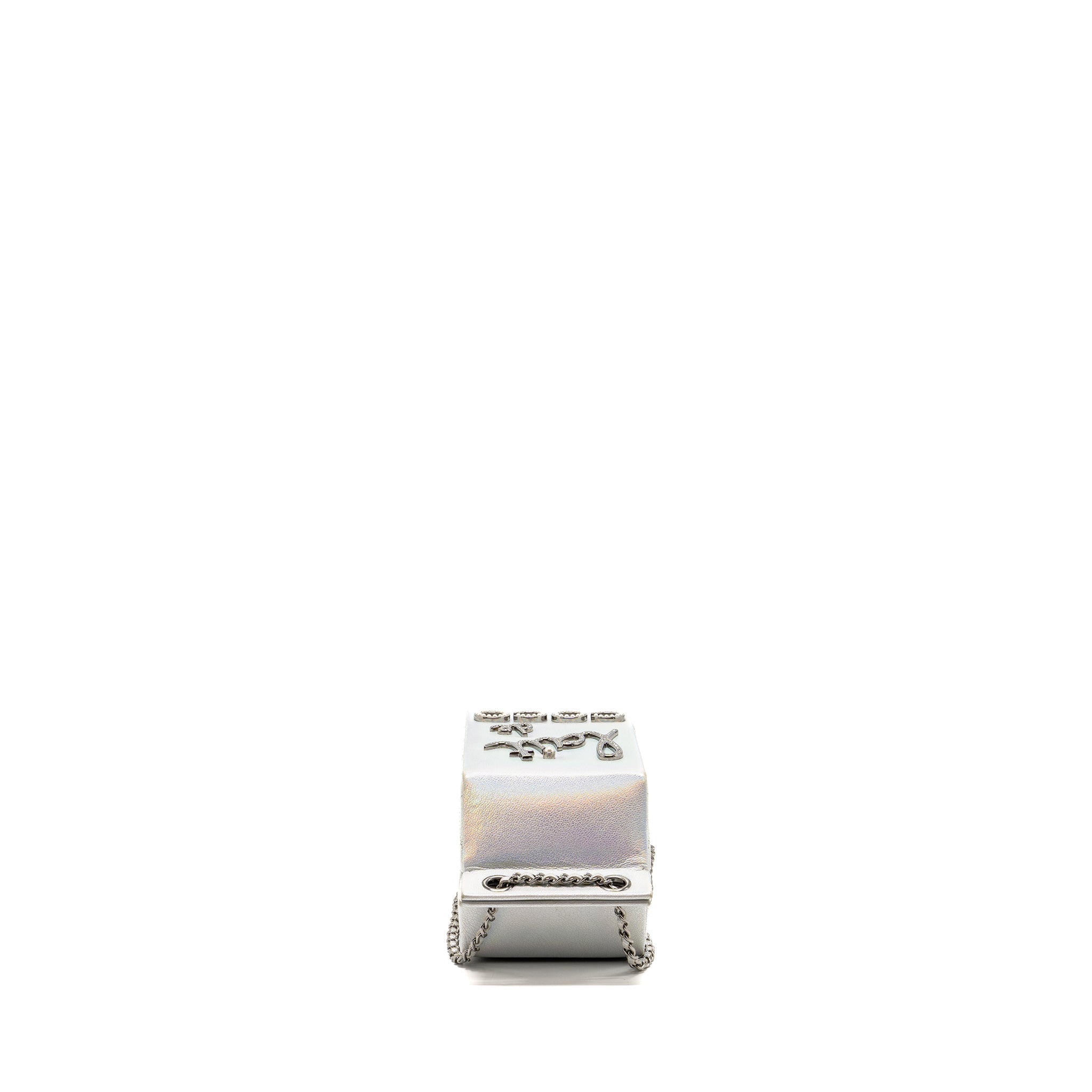 CHANEL 14K LIMITED EDITION RUNWAY LAIT DE COCO MILK CARTON EVENING CHAIN BAG GOATSKIN IRIDESCENT SILVER SHINY RUTHENIUM HARDWARE