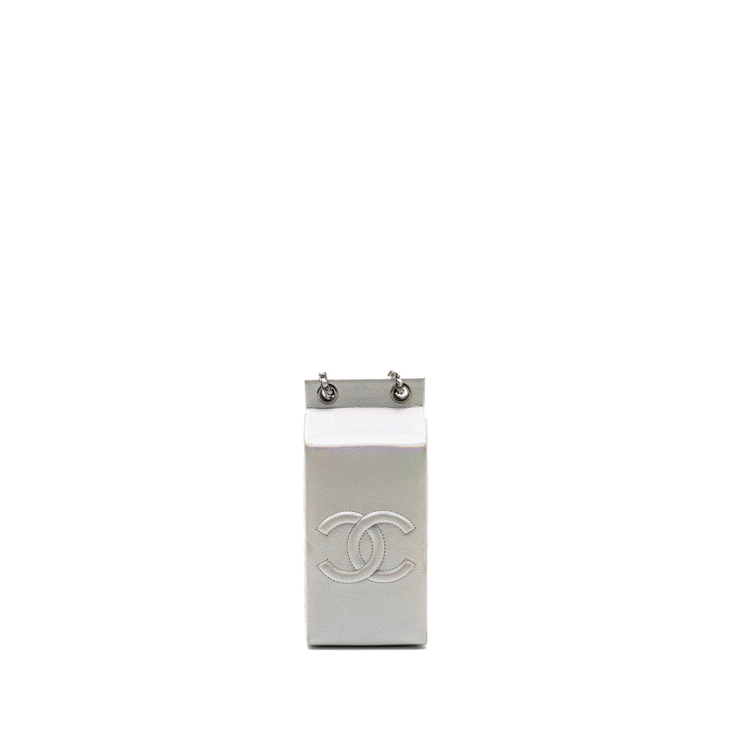 CHANEL 14K LIMITED EDITION RUNWAY LAIT DE COCO MILK CARTON EVENING CHAIN BAG GOATSKIN IRIDESCENT SILVER SHINY RUTHENIUM HARDWARE