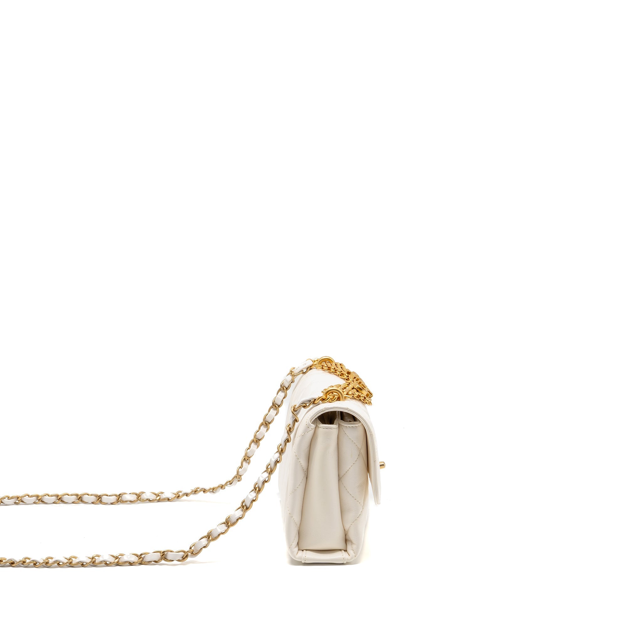 CHANEL QUILTED FLAP BAG WITH LETTER CHAIN LAMBSKIN WHITE GHW (MICROCHIP)