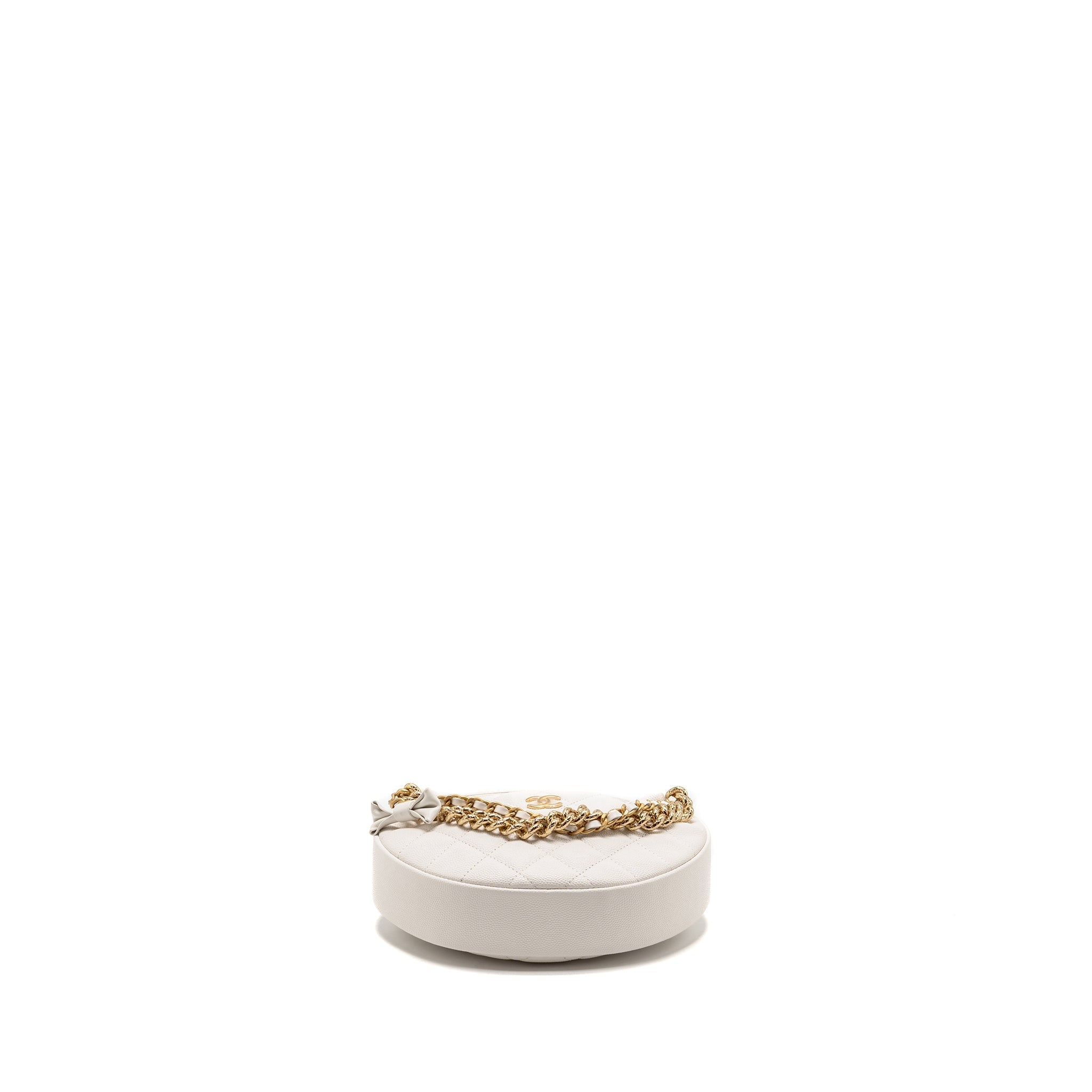 CHANEL 24S MINI ROUND BOW POUCH BAG WITH CHAIN CAVIAR WHITE GHW (MICROCHIP)