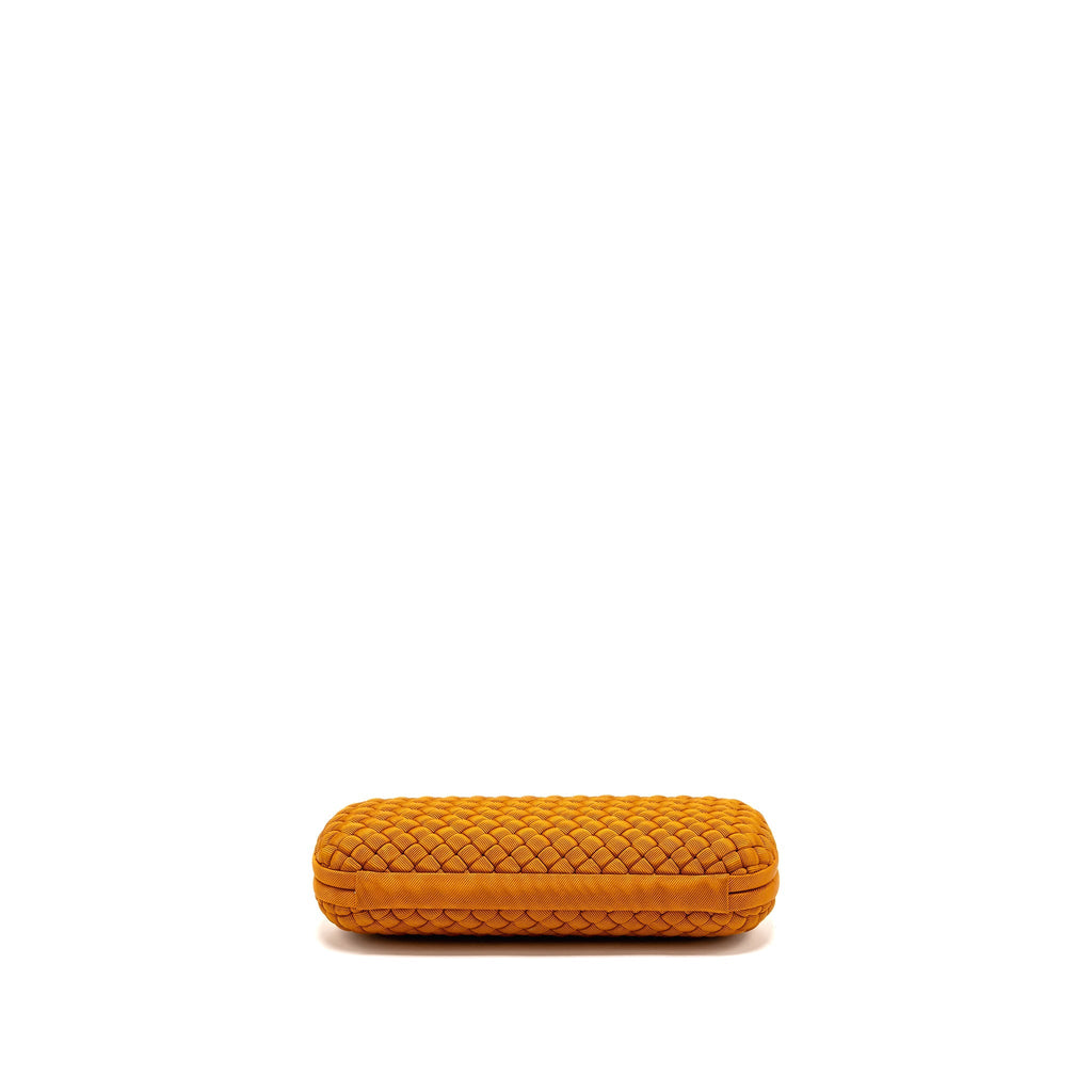 BOTTEGA VENETA INTRECCIO IMPERO AYERS STRETCH KNOT CLUTCH SATIN ORANGE RUTHENIUM HARDWARE