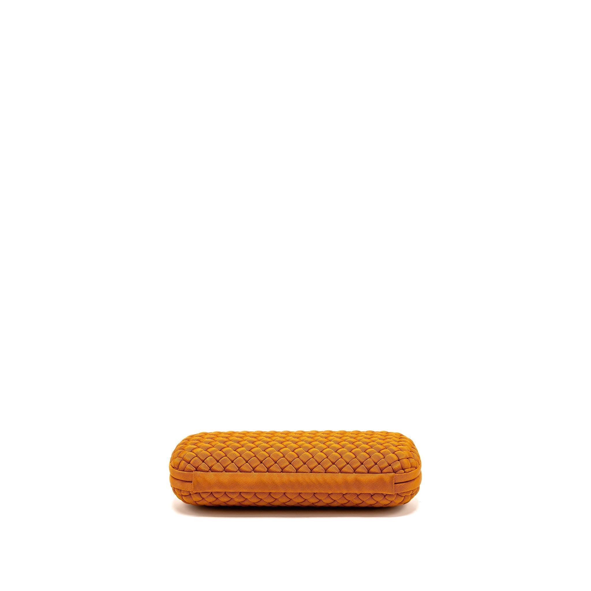 BOTTEGA VENETA INTRECCIO IMPERO AYERS STRETCH KNOT CLUTCH SATIN ORANGE RUTHENIUM HARDWARE