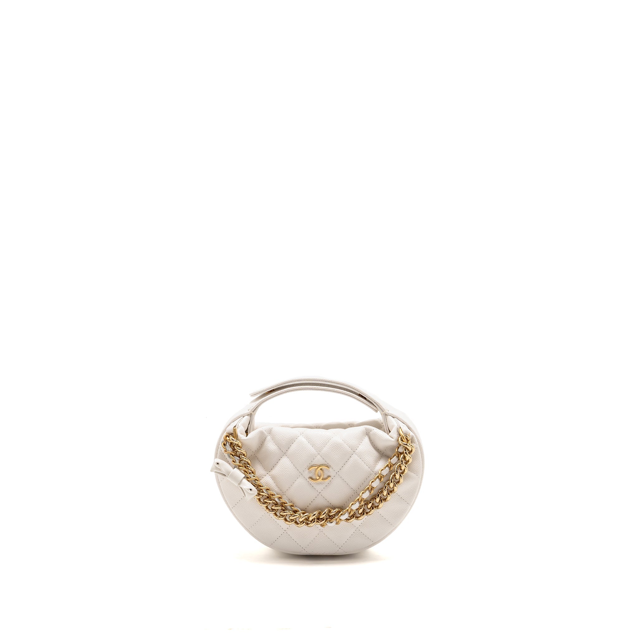CHANEL 24S MINI ROUND BOW POUCH BAG WITH CHAIN CAVIAR WHITE GHW (MICROCHIP)