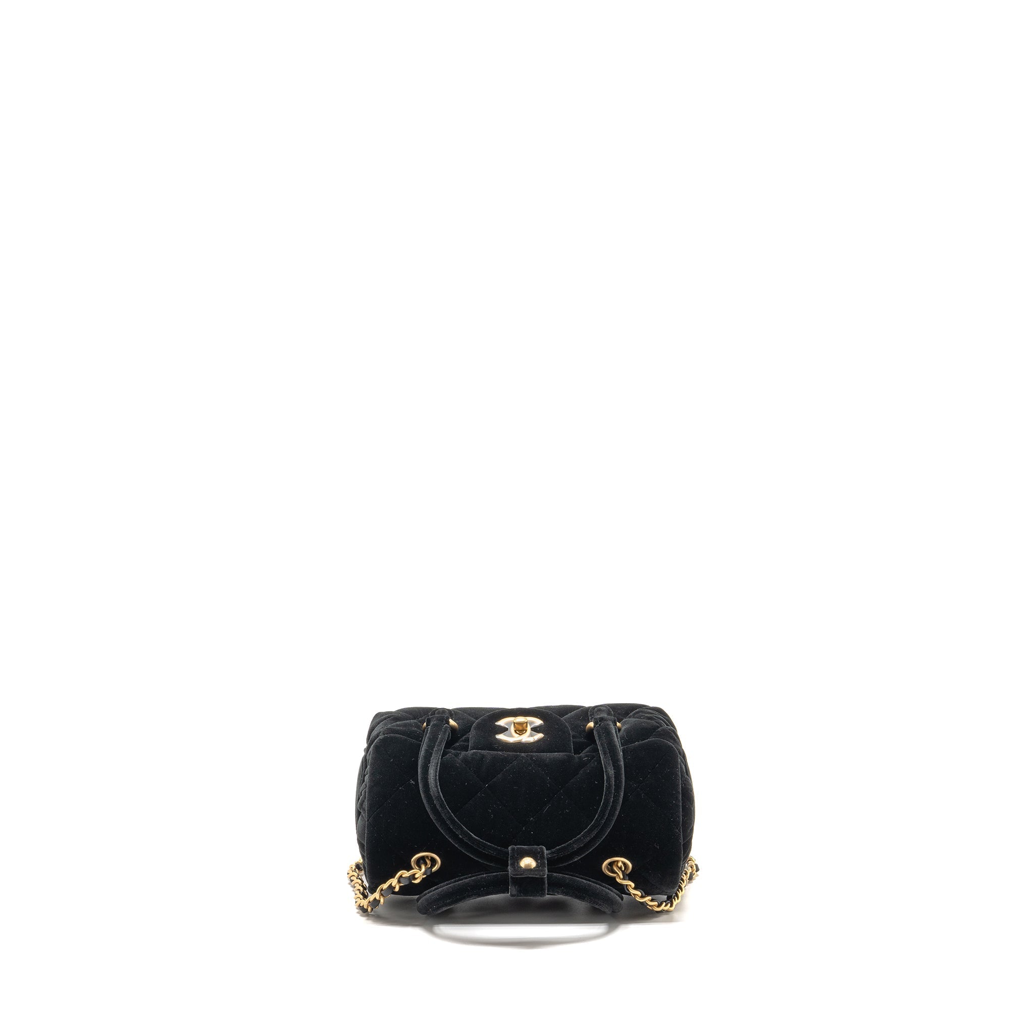 CHANEL MINI BOWLING CLUTCH WITH CHAIN VELVET BLACK GHW (MICROCHIP)