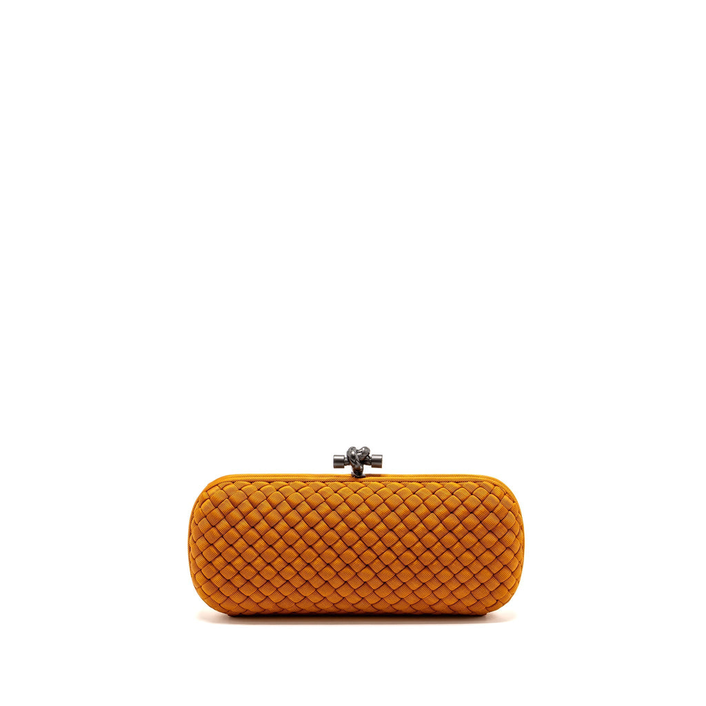 BOTTEGA VENETA INTRECCIO IMPERO AYERS STRETCH KNOT CLUTCH SATIN ORANGE RUTHENIUM HARDWARE