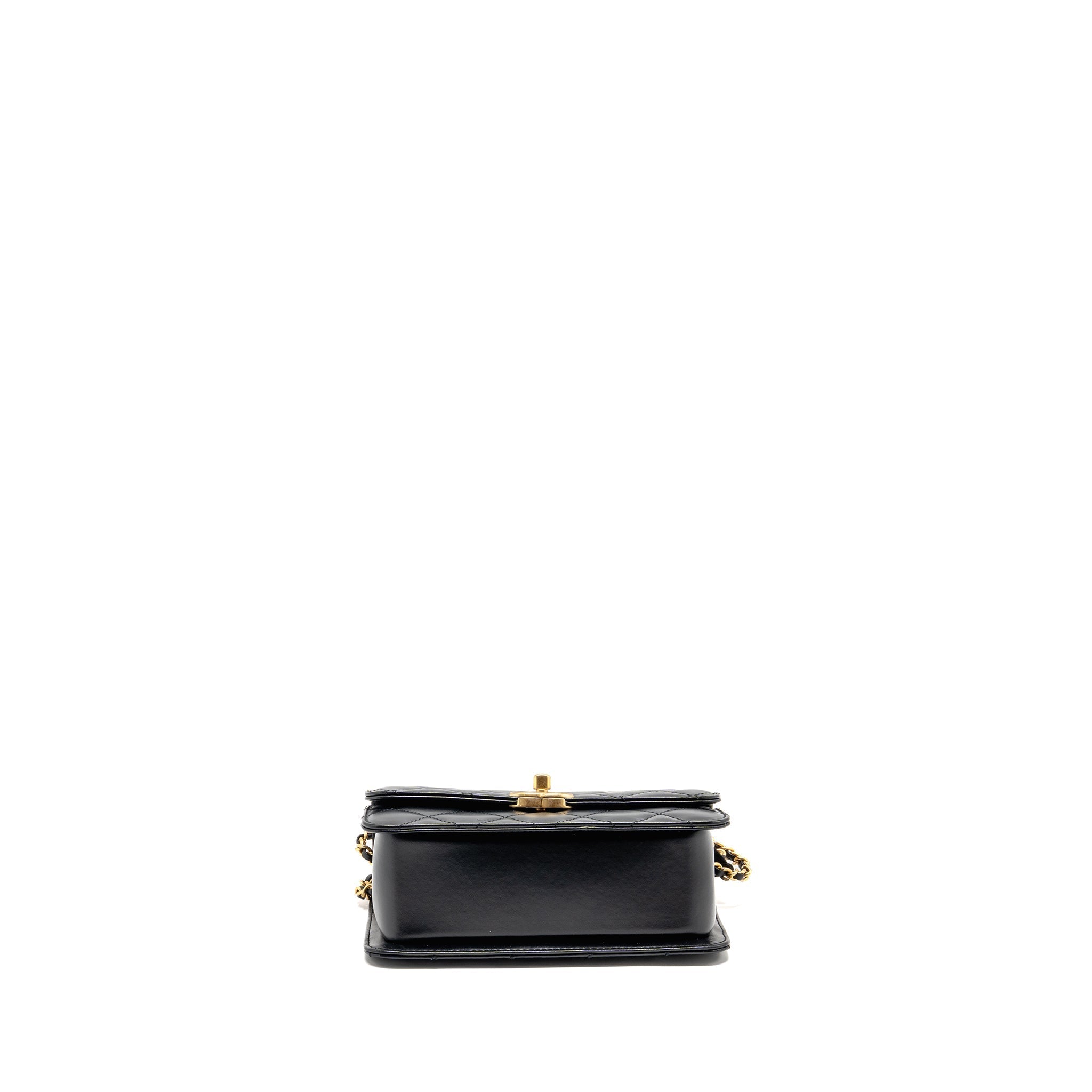 CHANEL GOLD CRUSH MINI FLAP BAG CALFSKIN BLACK GHW (MICROCHIP)
