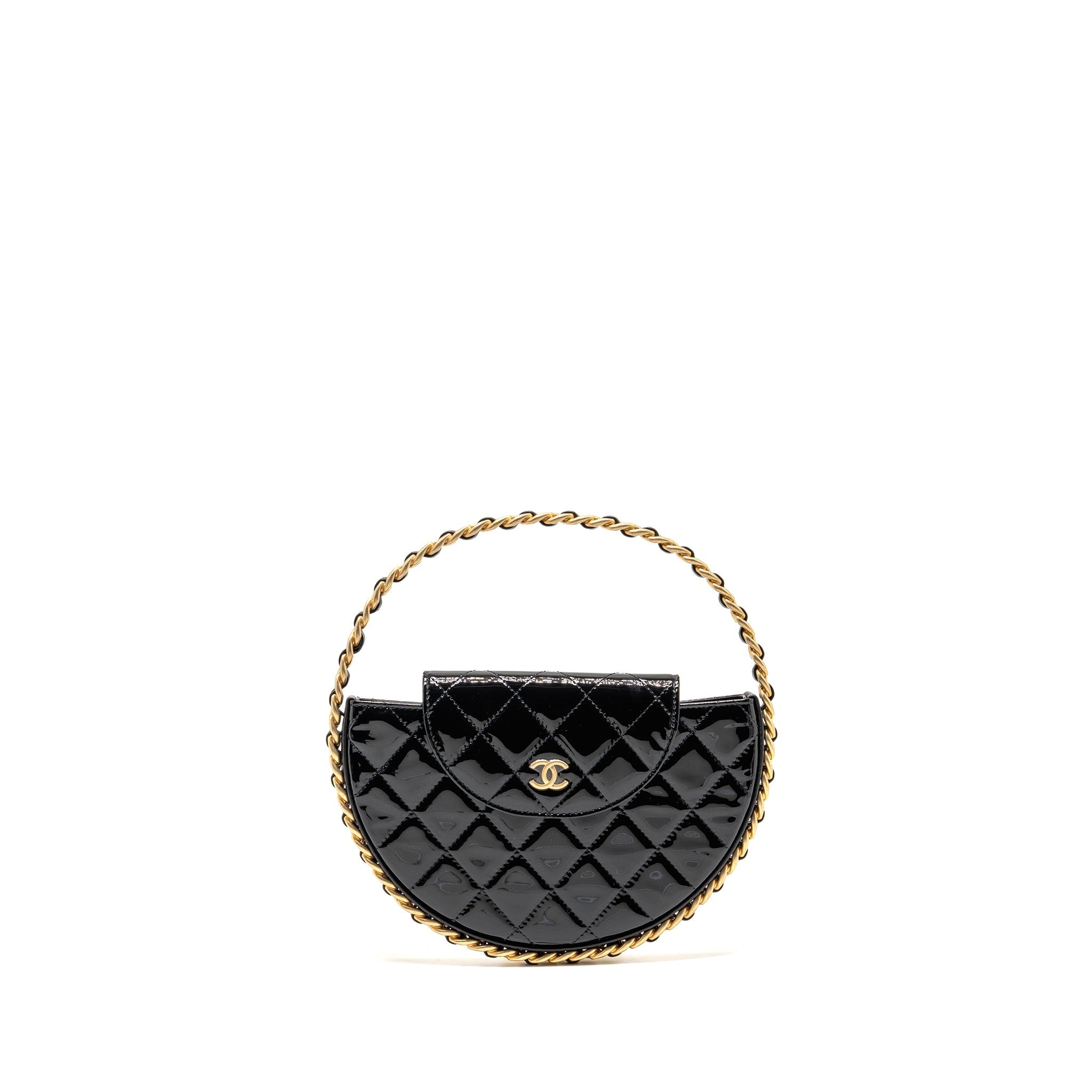 CHANEL ROUND CLUTCH PATENT LEATHER BLACK GHW (MICROCHIP)