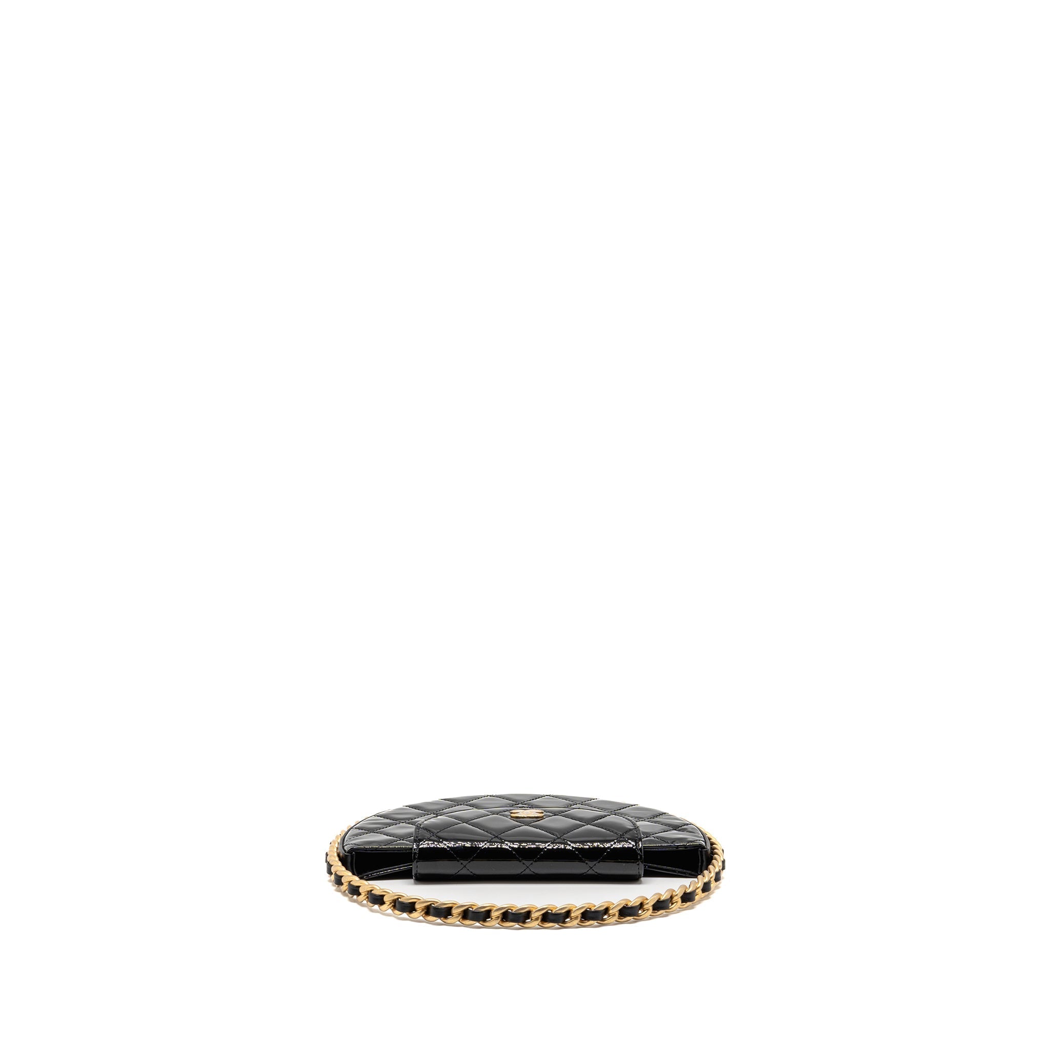 CHANEL ROUND CLUTCH PATENT LEATHER BLACK GHW (MICROCHIP)