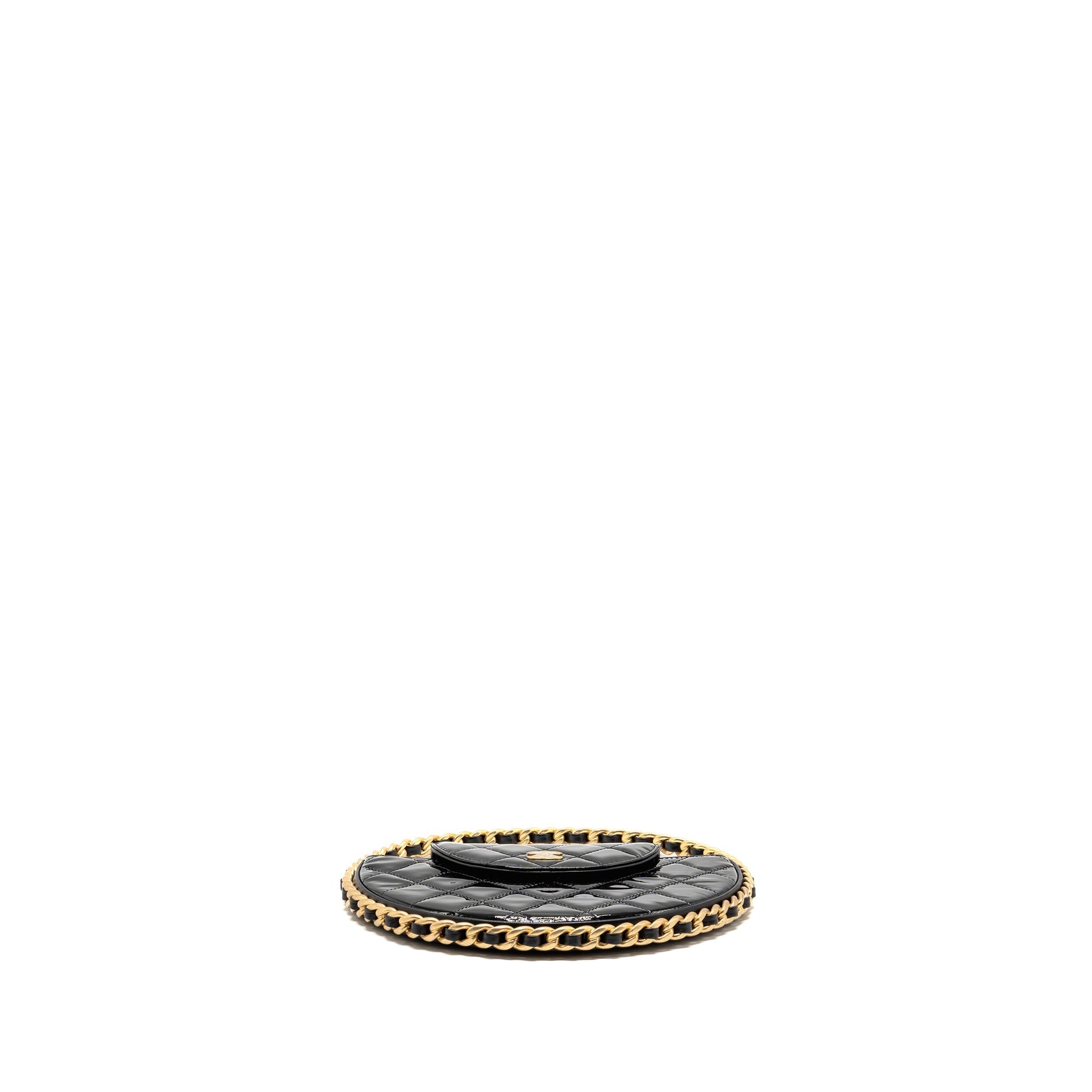CHANEL ROUND CLUTCH PATENT LEATHER BLACK GHW (MICROCHIP)