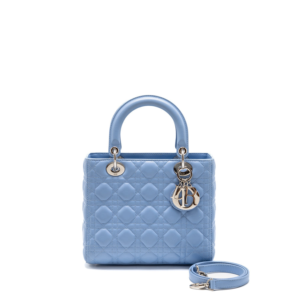 DIOR MEDIUM LADY DIOR LAMBSKIN LIGHT BLUE SHW