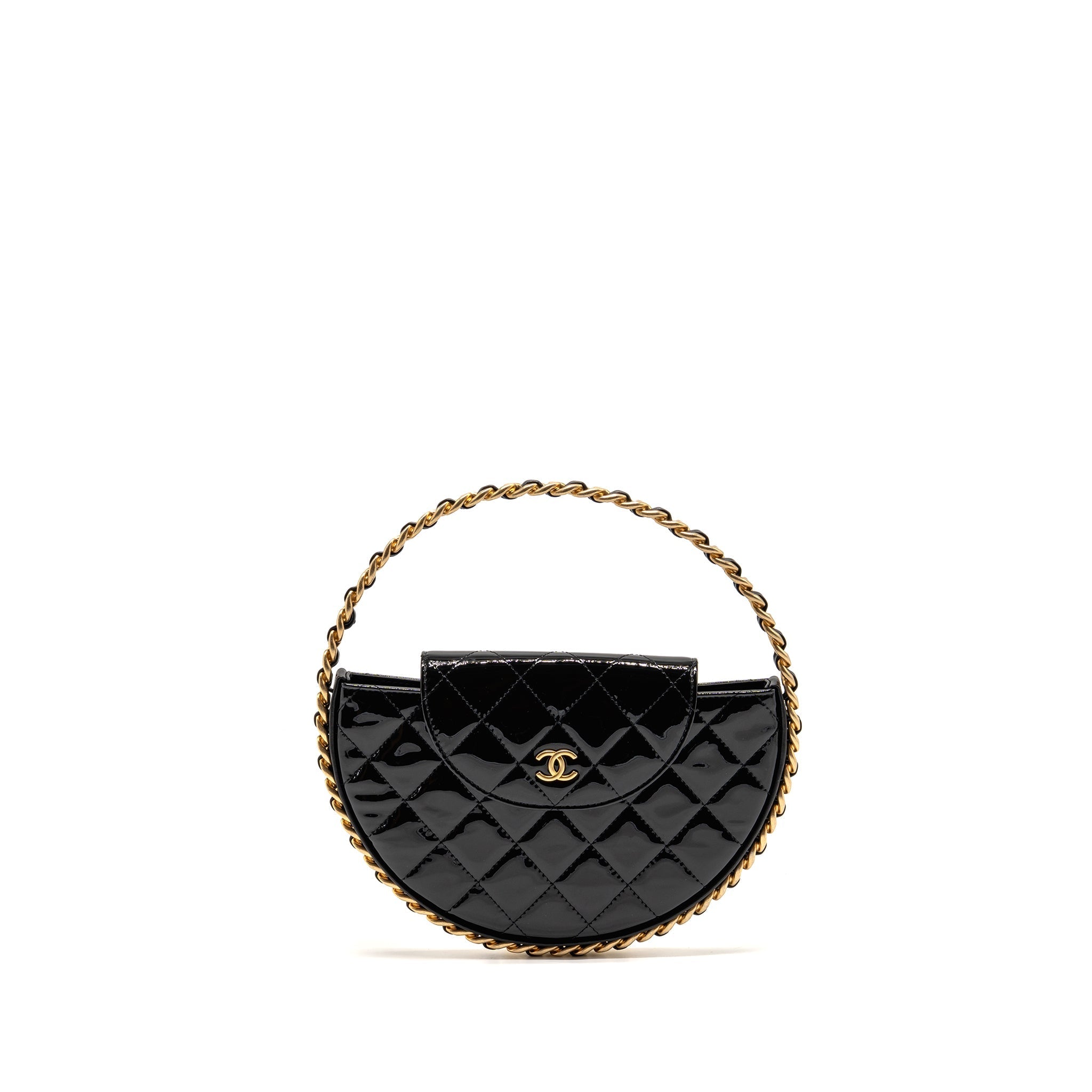 CHANEL 23K HOOP BAG PATENT LEATHER BLACK GHW (MICROCHIP)