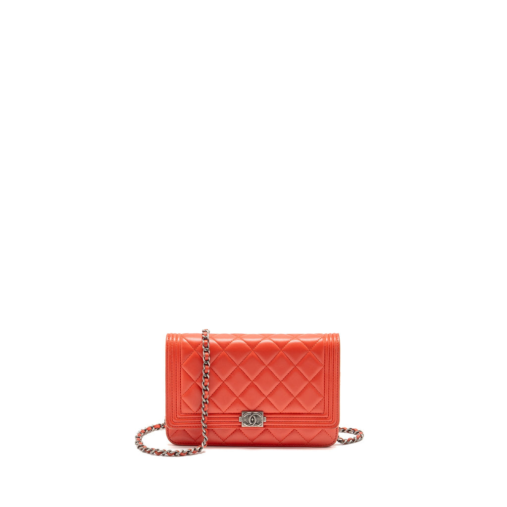 CHANEL BOY WALLET ON CHAIN LAMBSKIN RED RUTHENIUM SILVER HARDWARE