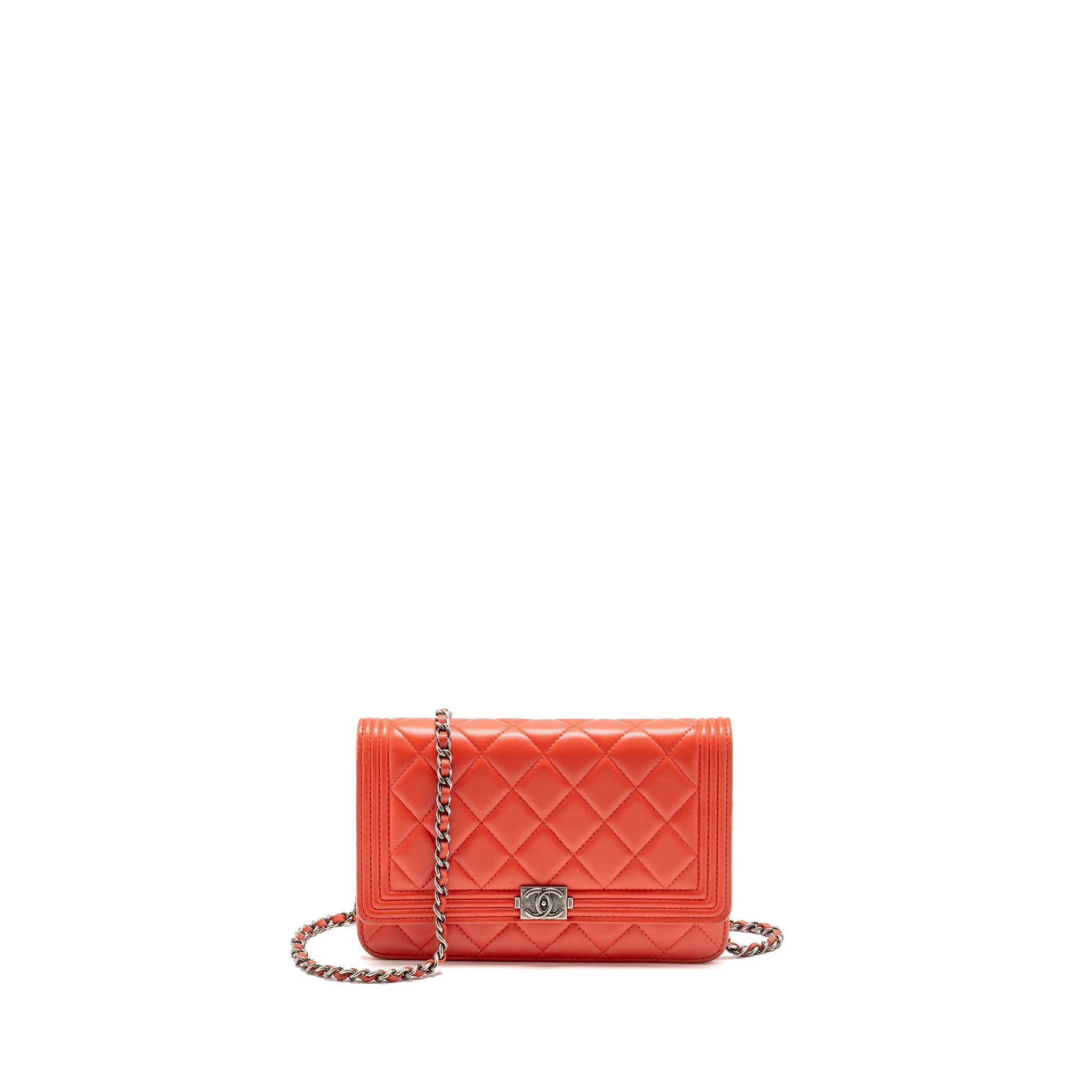 CHANEL BOY WALLET ON CHAIN LAMBSKIN RED RUTHENIUM SILVER HARDWARE