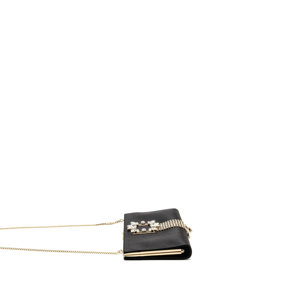 ROGER VIVIER STRASS BUCKLED CLUTCH/PURSE WITH CHAIN SATIN BLACK LGHW
